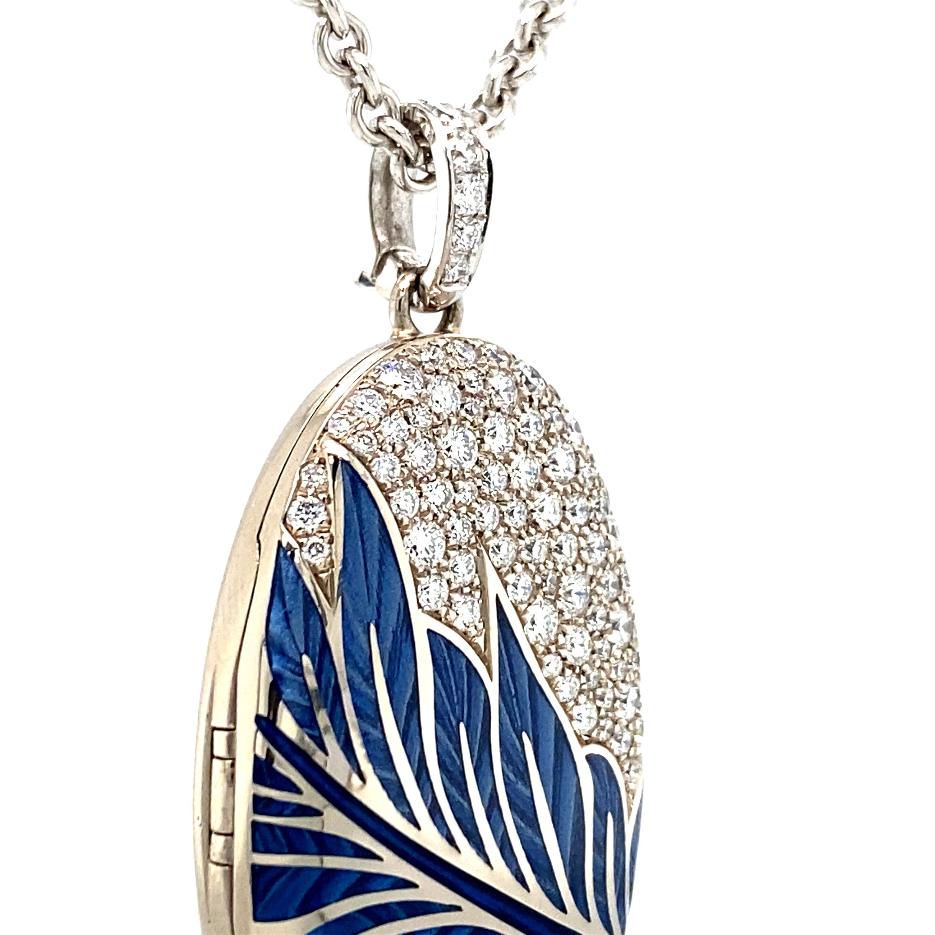 Floral Locket Pendant Necklace 18k White Gold Blue Enamel 104 Diamonds 1.24 ct For Sale 3
