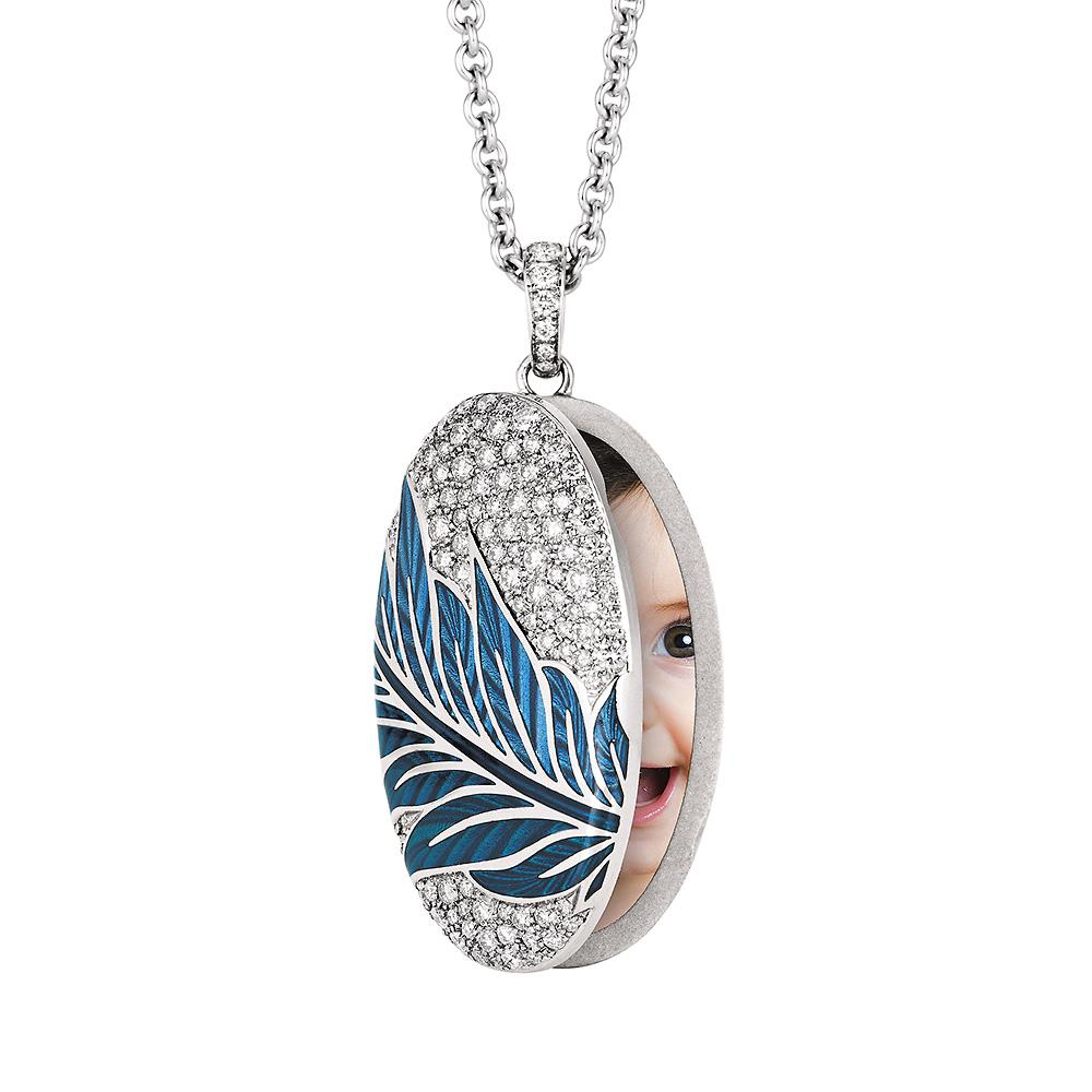 Arts and Crafts Floral Locket Pendant Necklace 18k White Gold Blue Enamel 104 Diamonds 1.24 ct For Sale