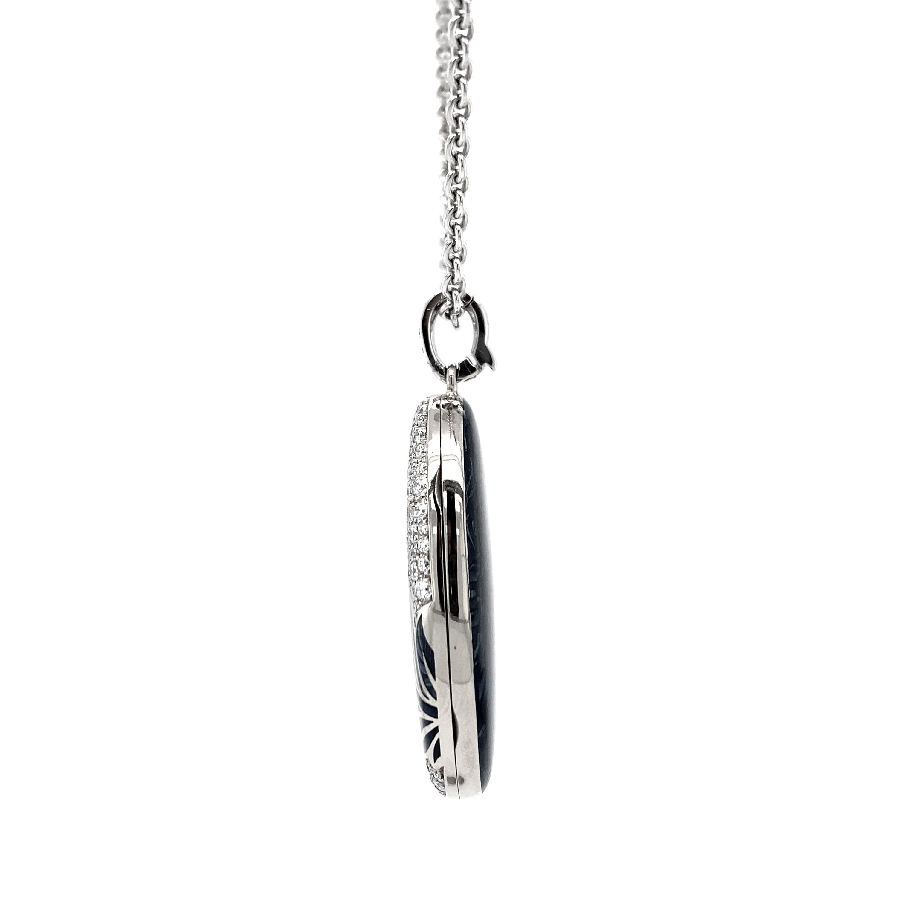 Floral Locket Pendant Necklace 18k White Gold Blue Enamel 104 Diamonds 1.24 ct In New Condition For Sale In Pforzheim, DE
