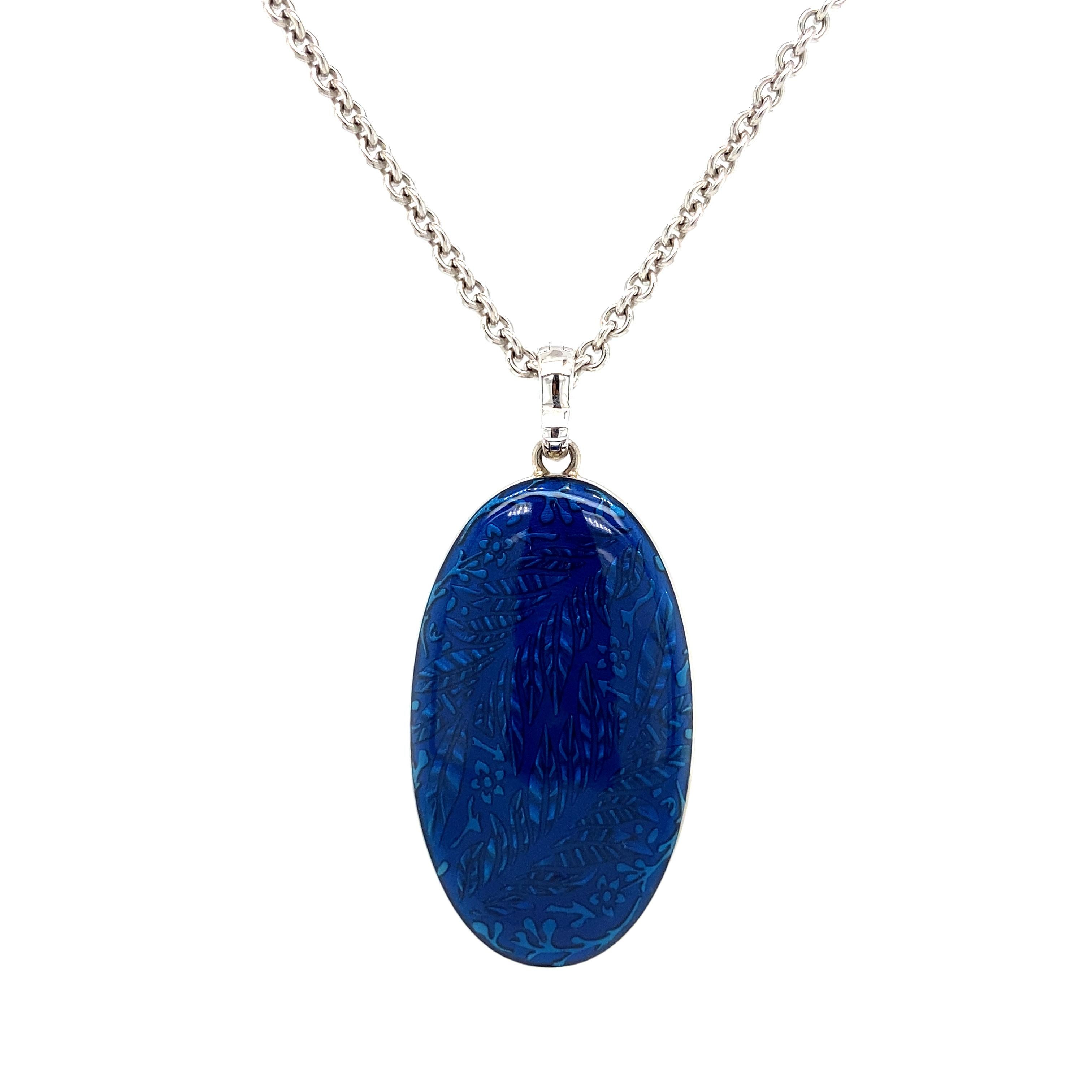 Women's Floral Locket Pendant Necklace 18k White Gold Blue Enamel 104 Diamonds 1.24 ct For Sale