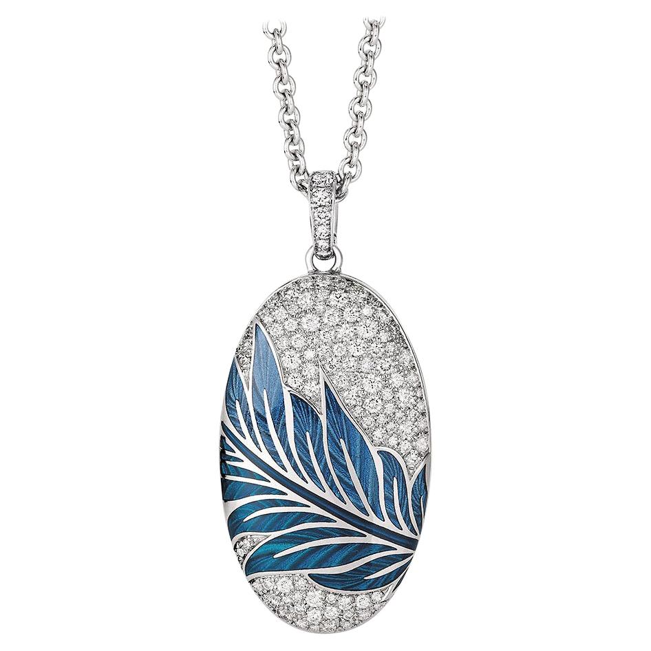 Floral Locket Pendant Necklace 18k White Gold Blue Enamel 104 Diamonds 1.24 ct