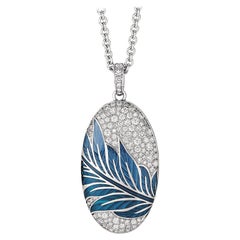 Floral Locket Pendant Necklace 18k White Gold Blue Enamel 104 Diamonds 1.24 ct