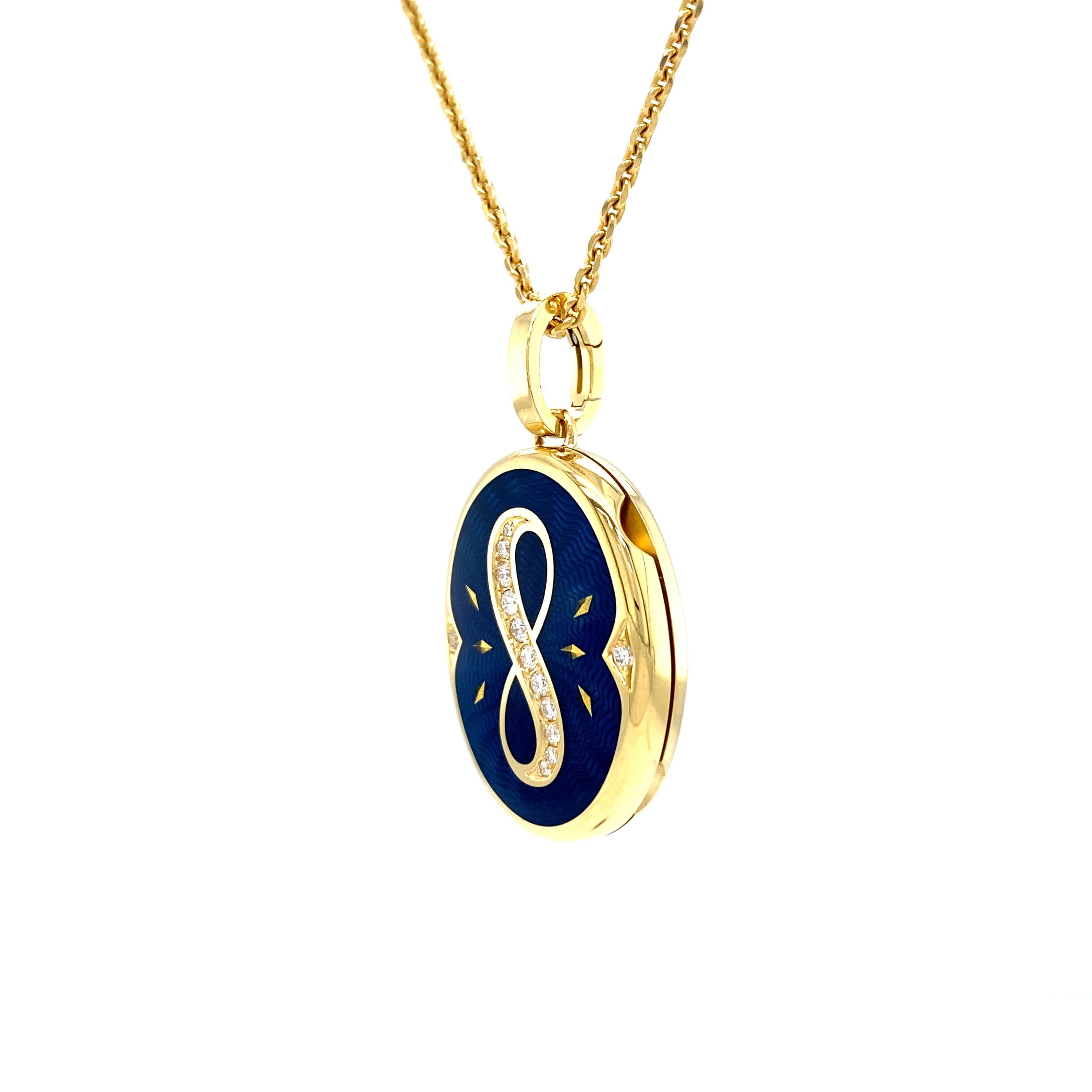 Victor Mayer customizable oval locket pendant with infinity symbol, 18k yellow gold, Victoria Collection, translucent petrol blue vitreous enamel, guilloche, gold paillons, 13 diamonds, total 0.22 ct, G VS brilliant cut, measurements app. 17.0 mm x