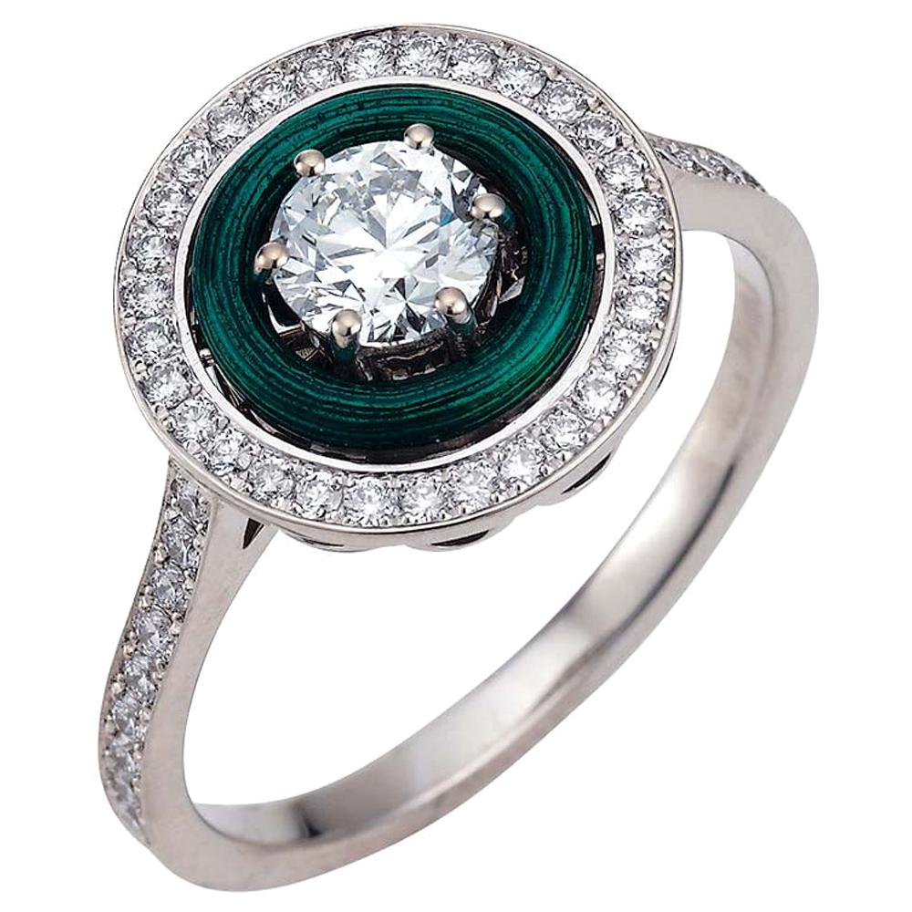 Emerald Green Enamel 0, 5 ct Solitaire Ring 18k White Gold 49 Diamonds 0.87 ct  For Sale