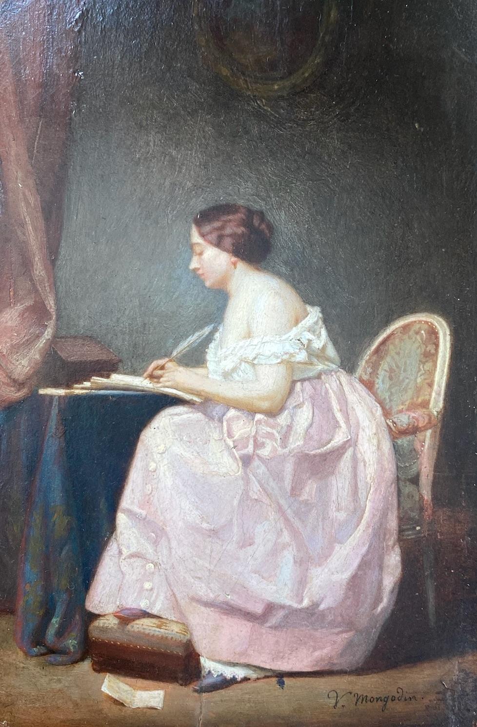 A majestic miniature painting by Victor Mongodin. Painted with extraordinary detail, it depicts a pretty young lady writing a letter in her boudoir. Mongodin clearly delights in painting fabrics... the silk of her skirt, the cotton of her camisole,