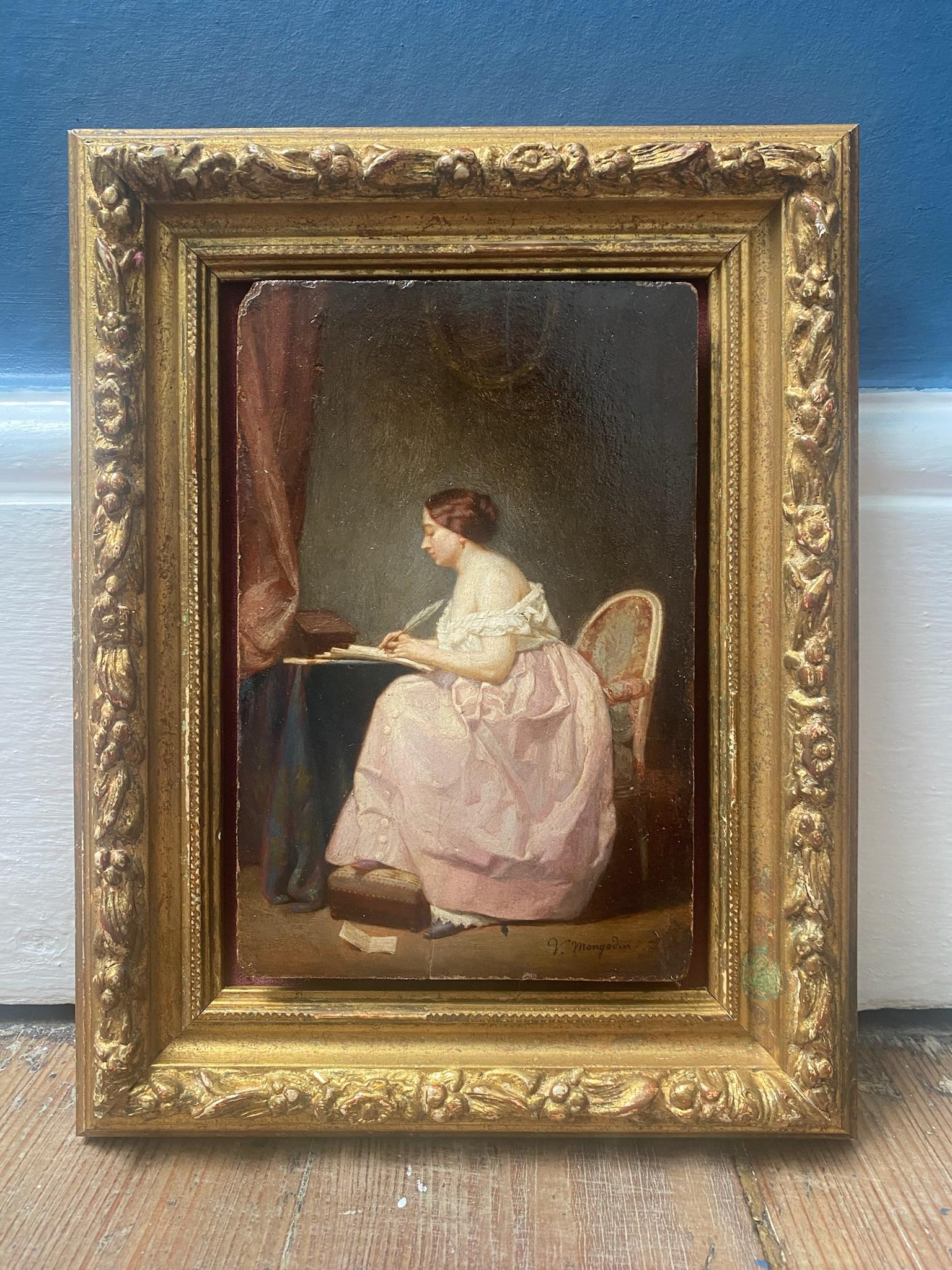 The Letter, young lady in her boudoir 19th Century majestic miniature painting - Painting by Victor Mongodin