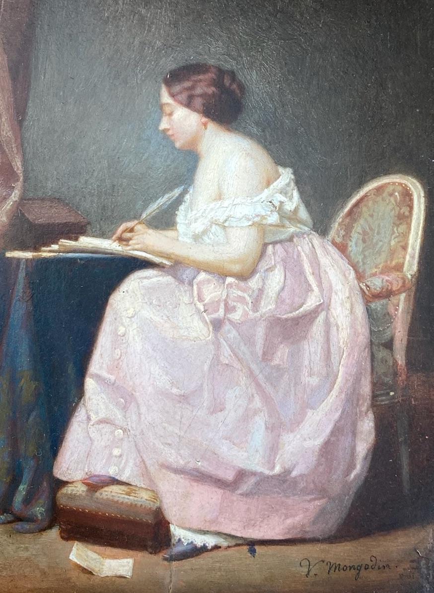 The Letter, young lady in her boudoir 19th Century majestic miniature painting For Sale 1