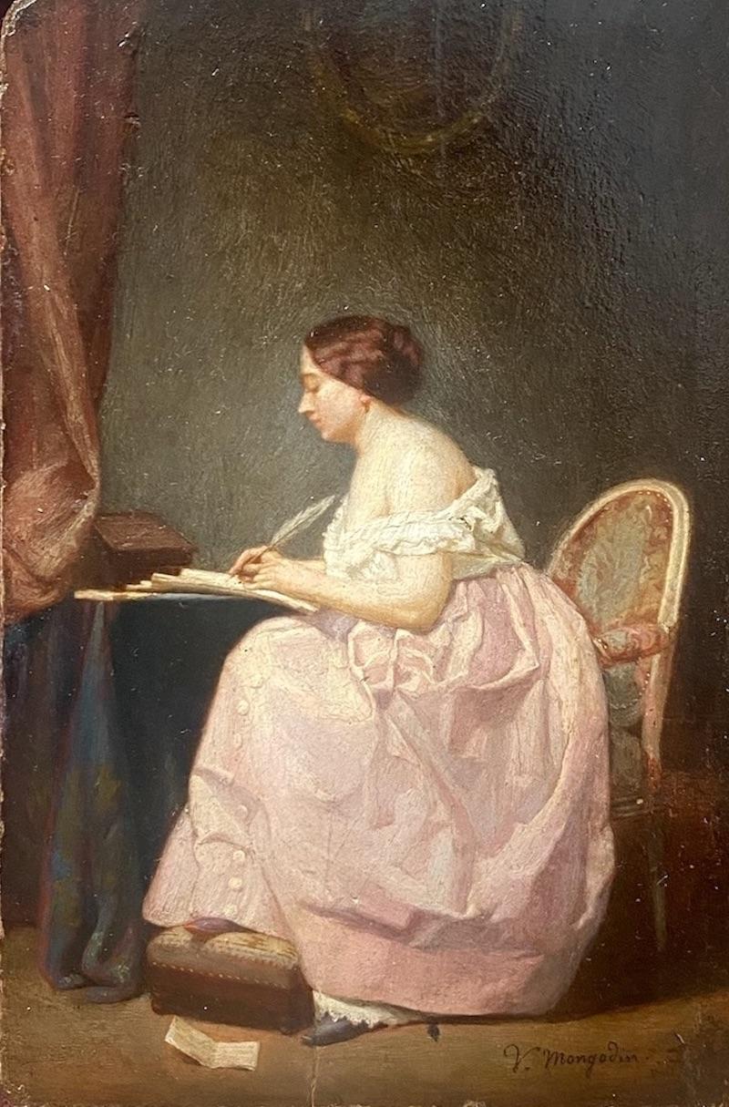 The Letter, young lady in her boudoir 19th Century majestic miniature painting - French School Painting by Victor Mongodin