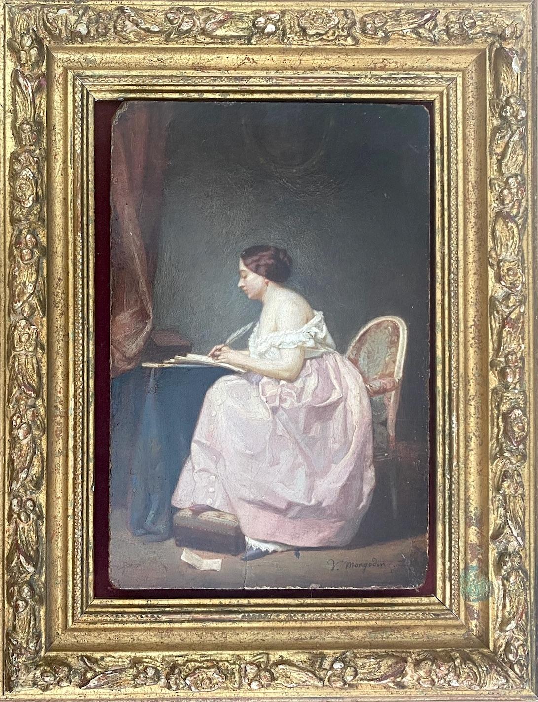 The Letter, young lady in her boudoir 19th Century majestic miniature painting - Brown Interior Painting by Victor Mongodin