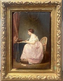 La Carta, joven dama en su tocador majestuosa pintura en miniatura del siglo XIX
