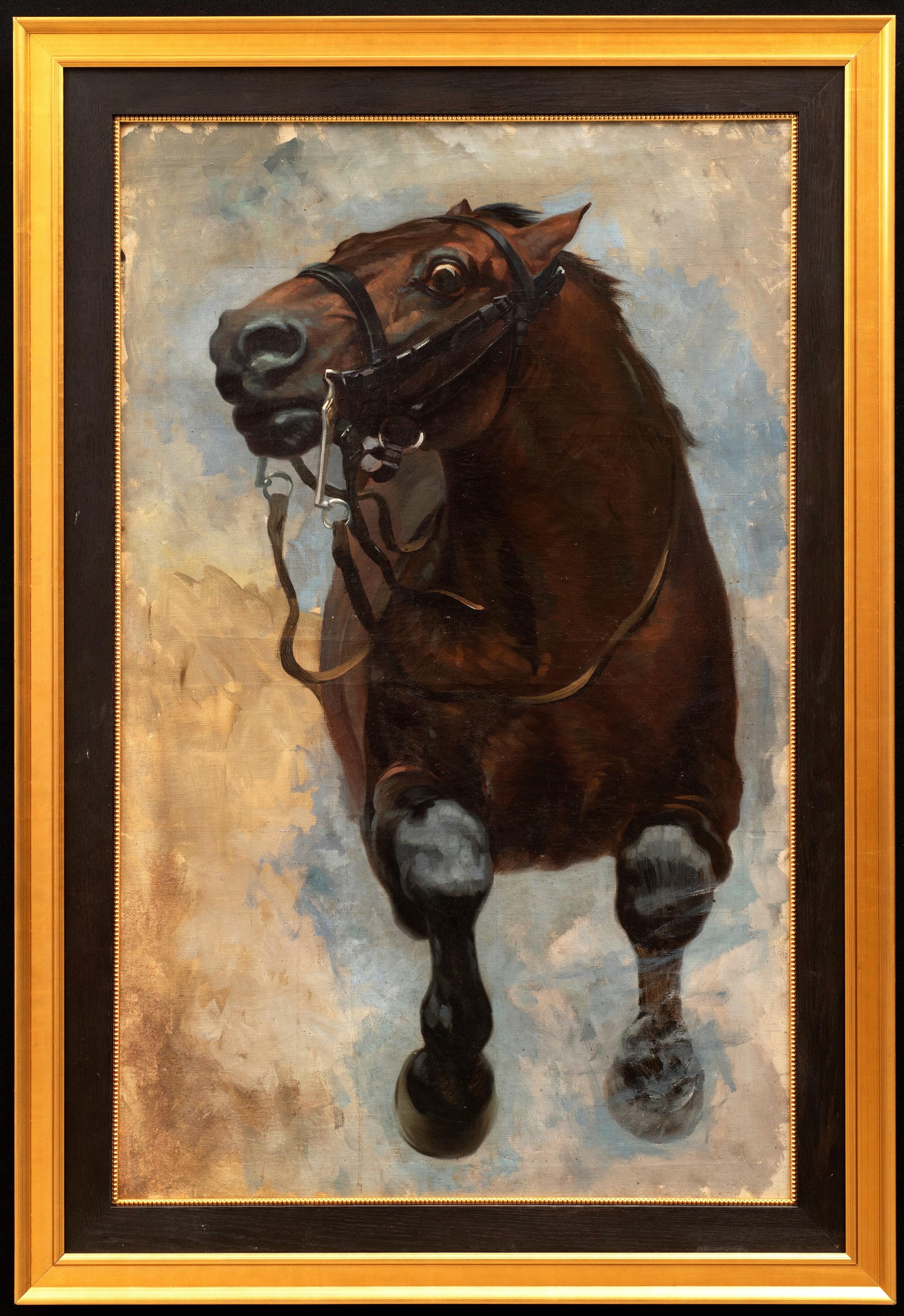 Victor Morelli Sánchez-Gil  Animal Painting - Antique Horse Painting "The Charging Stallion, 1897" Victor Morelli Sánchez-Gil