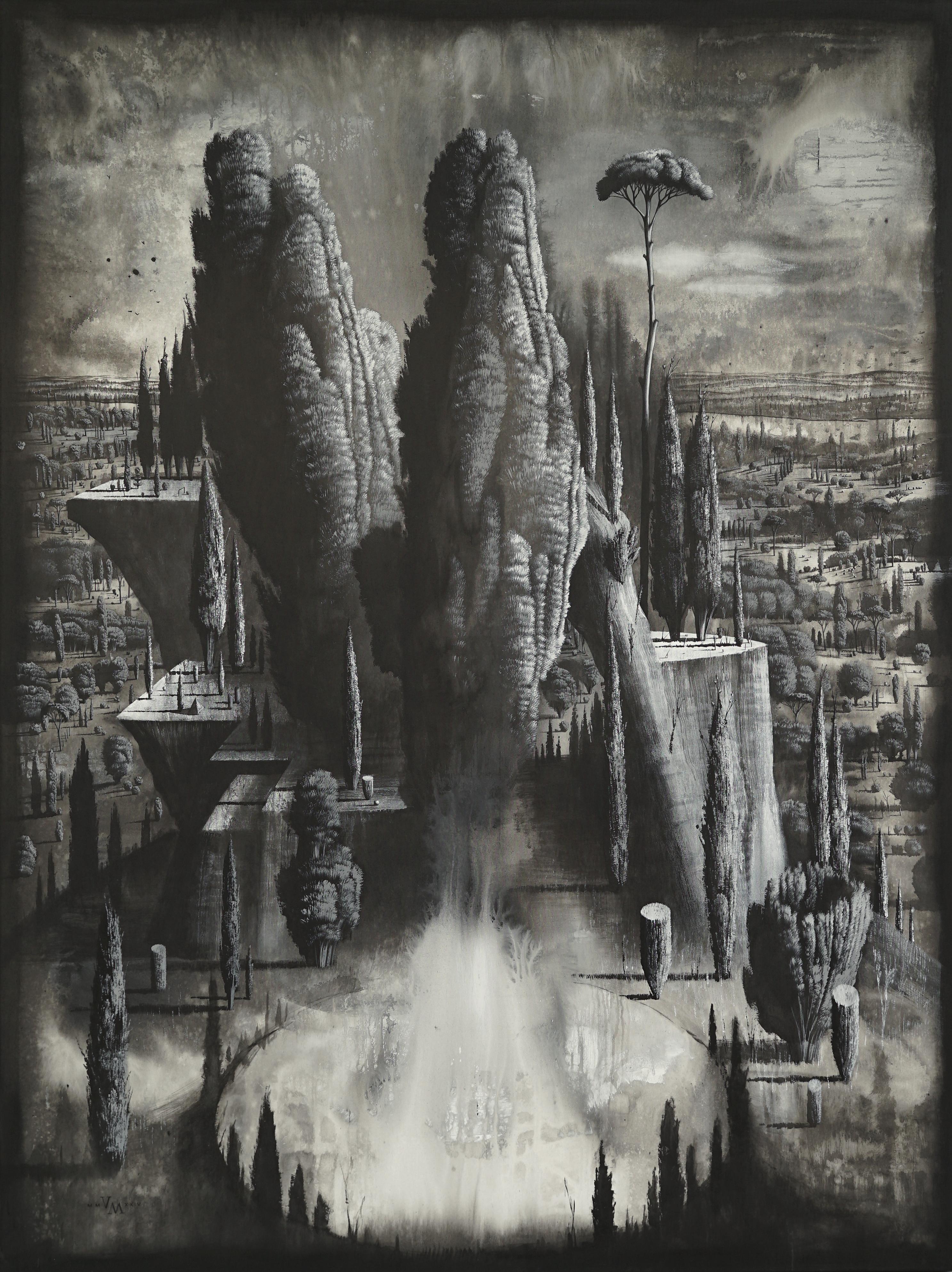 De Wandelaar (Le marcheur) Peinture acrylique sur toile Noir et blanc En stock