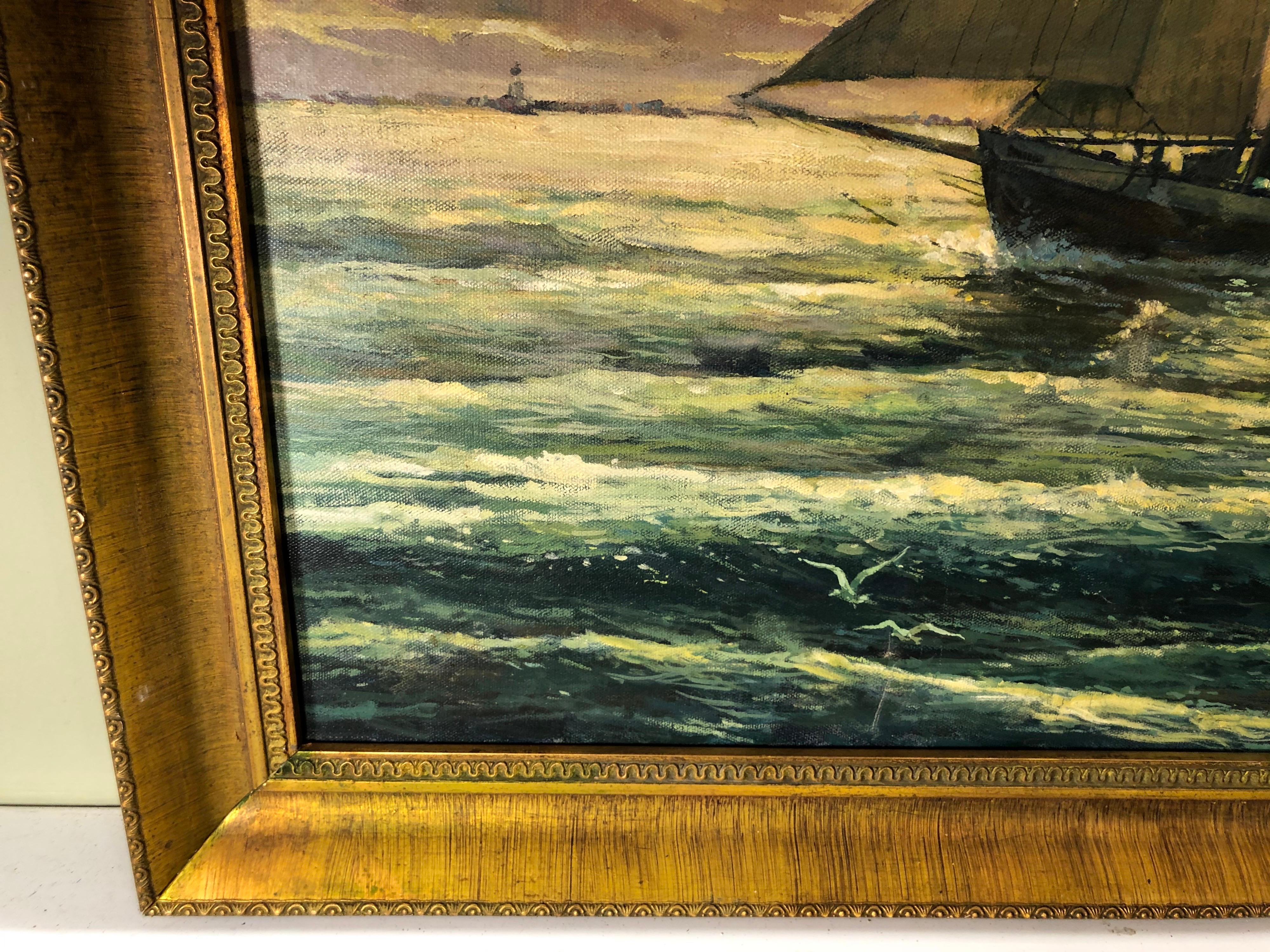 Victor Olsen Sunset Scene of Sailboats Oil on Canvas For Sale 6