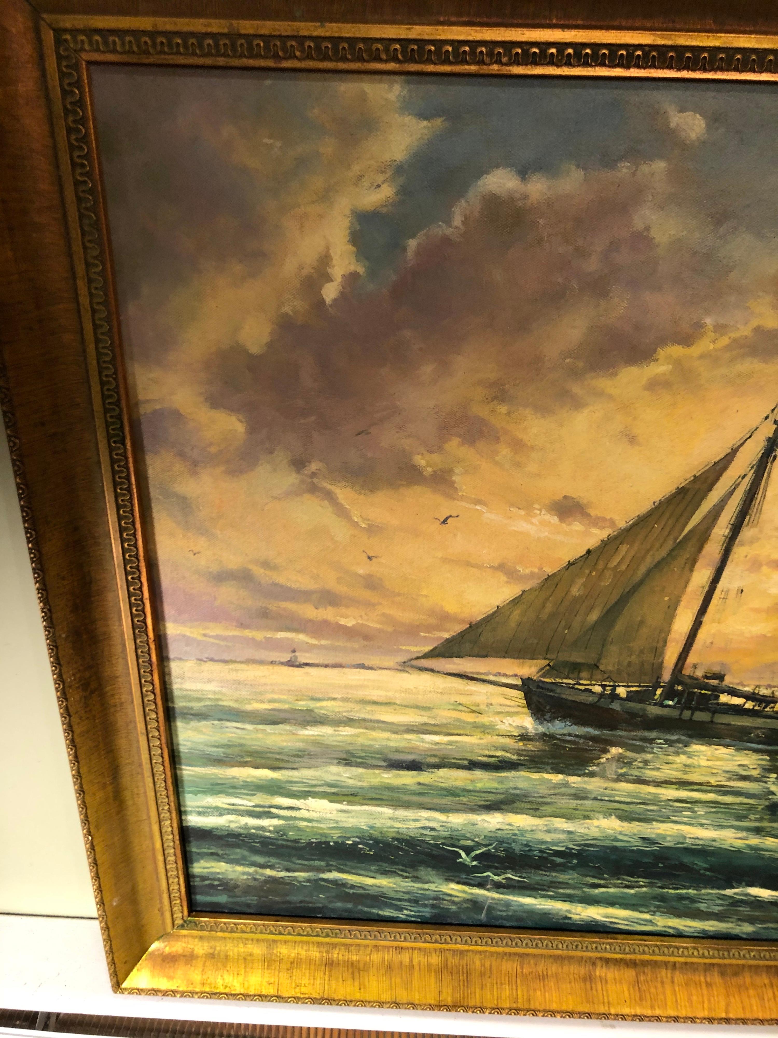 Victor Olsen Sunset Scene of Sailboats Oil on Canvas For Sale 7