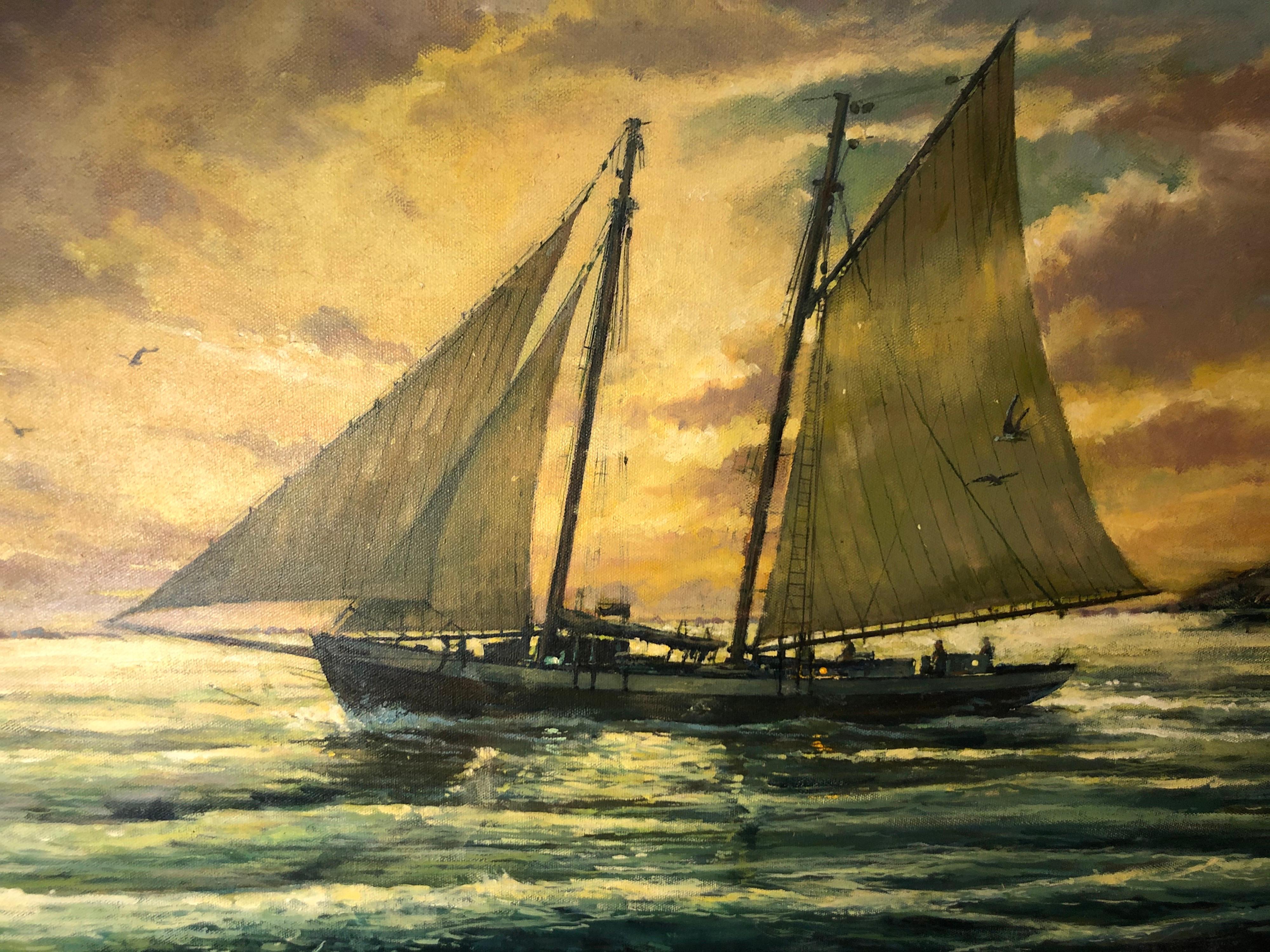 Victor Olsen Sunset Scene of Sailboats Oil on Canvas For Sale 8