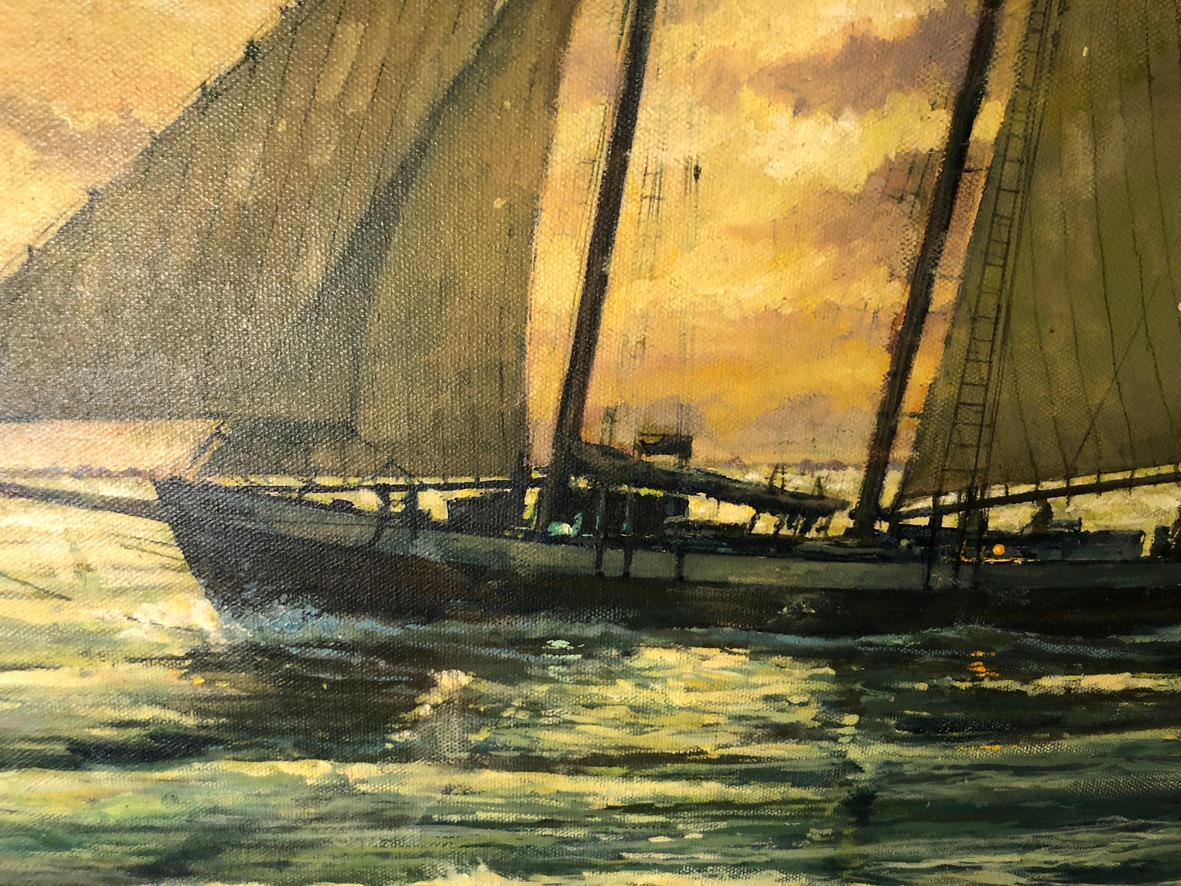 Victor Olsen Sunset Scene of Sailboats Oil on Canvas For Sale 9
