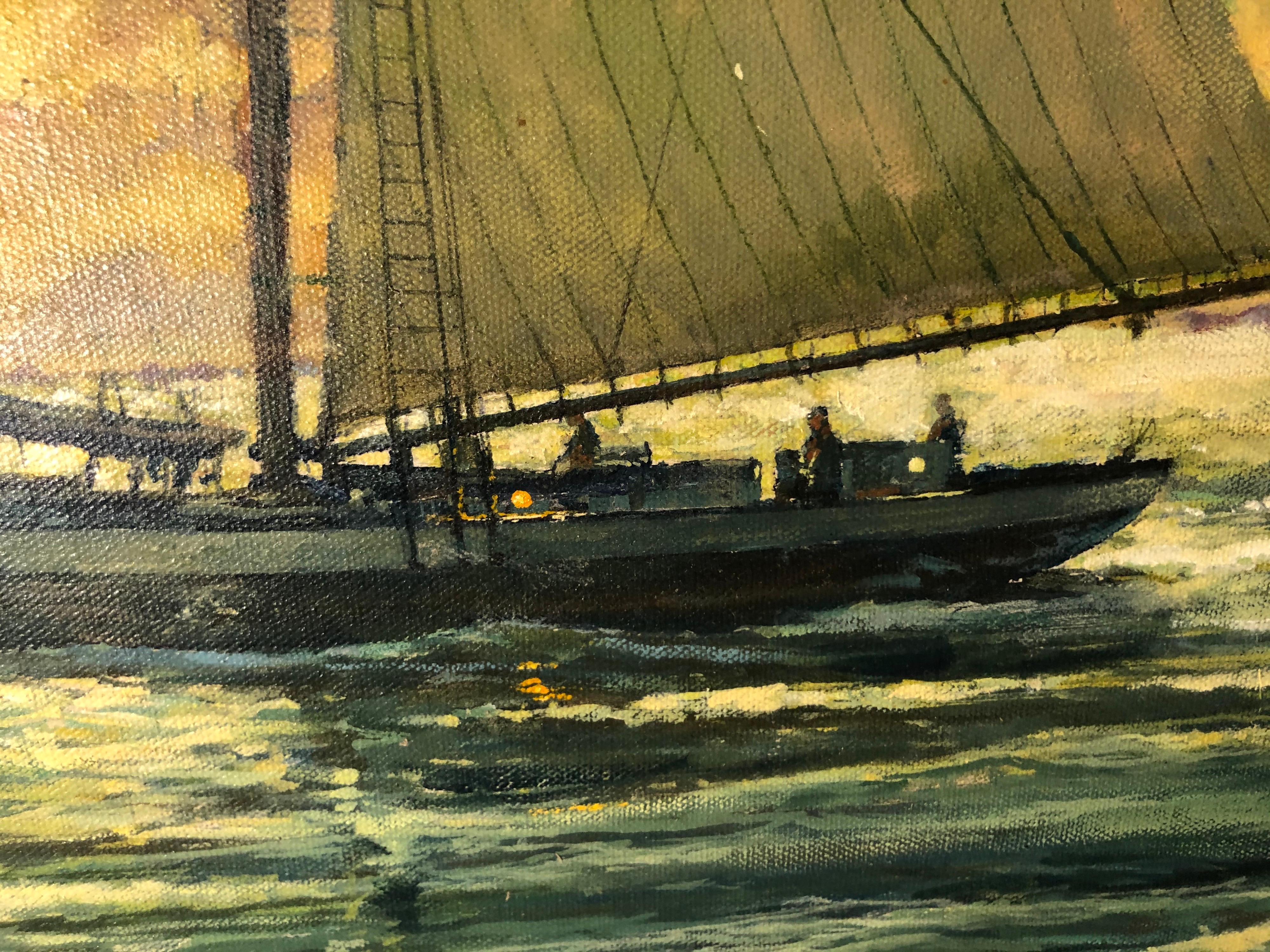 Victor Olsen Sunset Scene of Sailboats Oil on Canvas For Sale 10