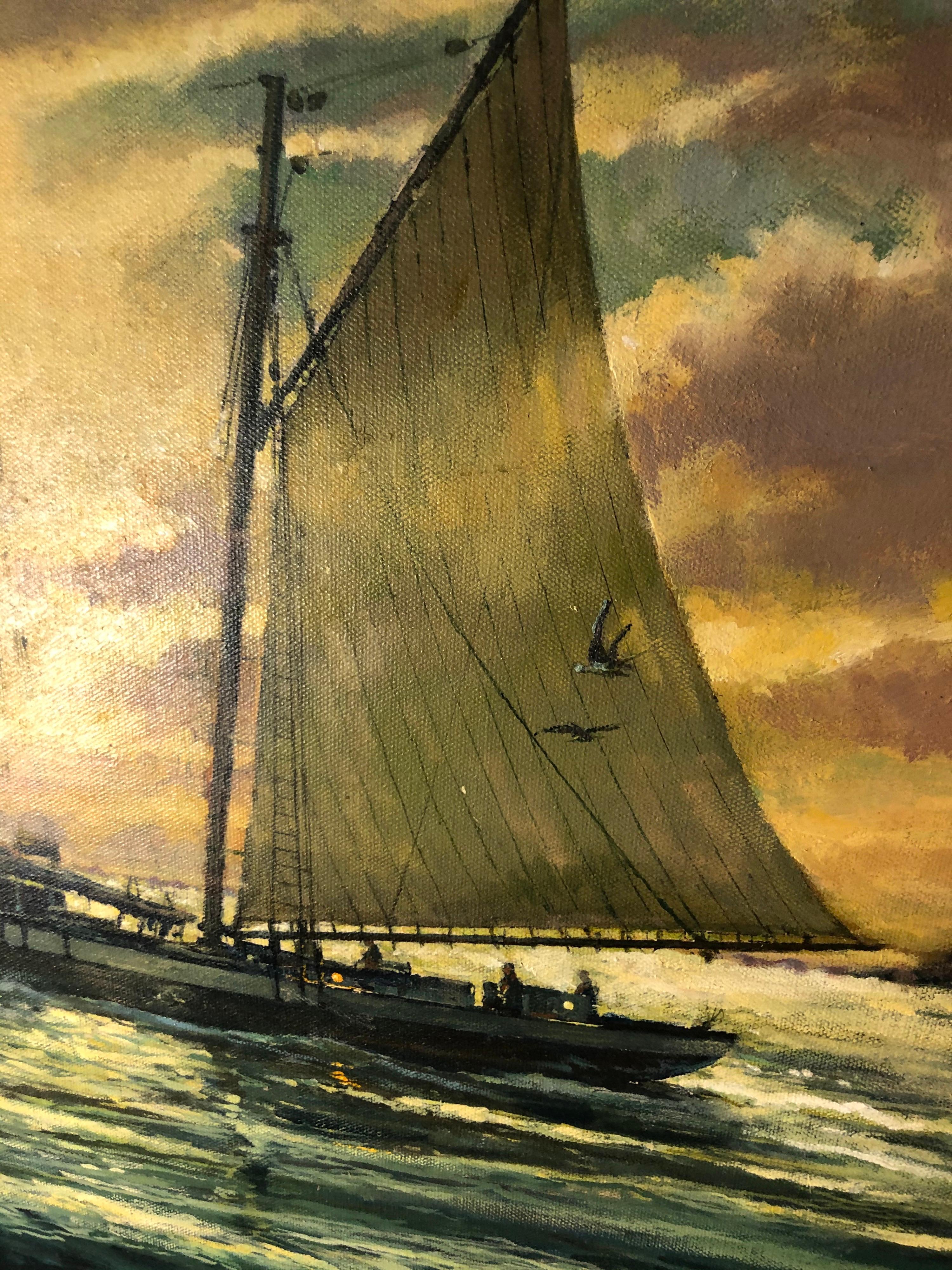 Victor Olsen Sunset Scene of Sailboats Oil on Canvas For Sale 11