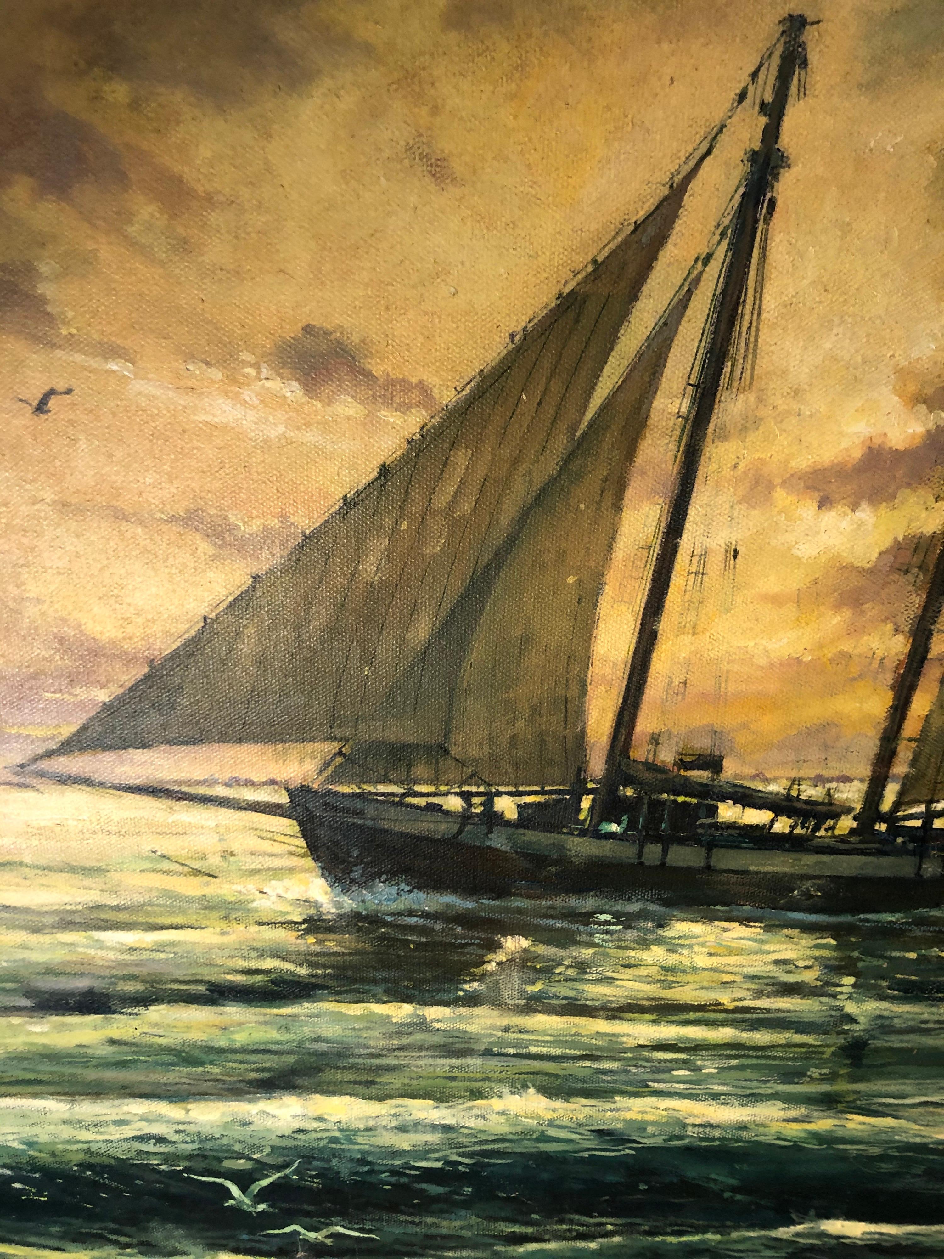 Victor Olsen Sunset Scene of Sailboats Oil on Canvas For Sale 12