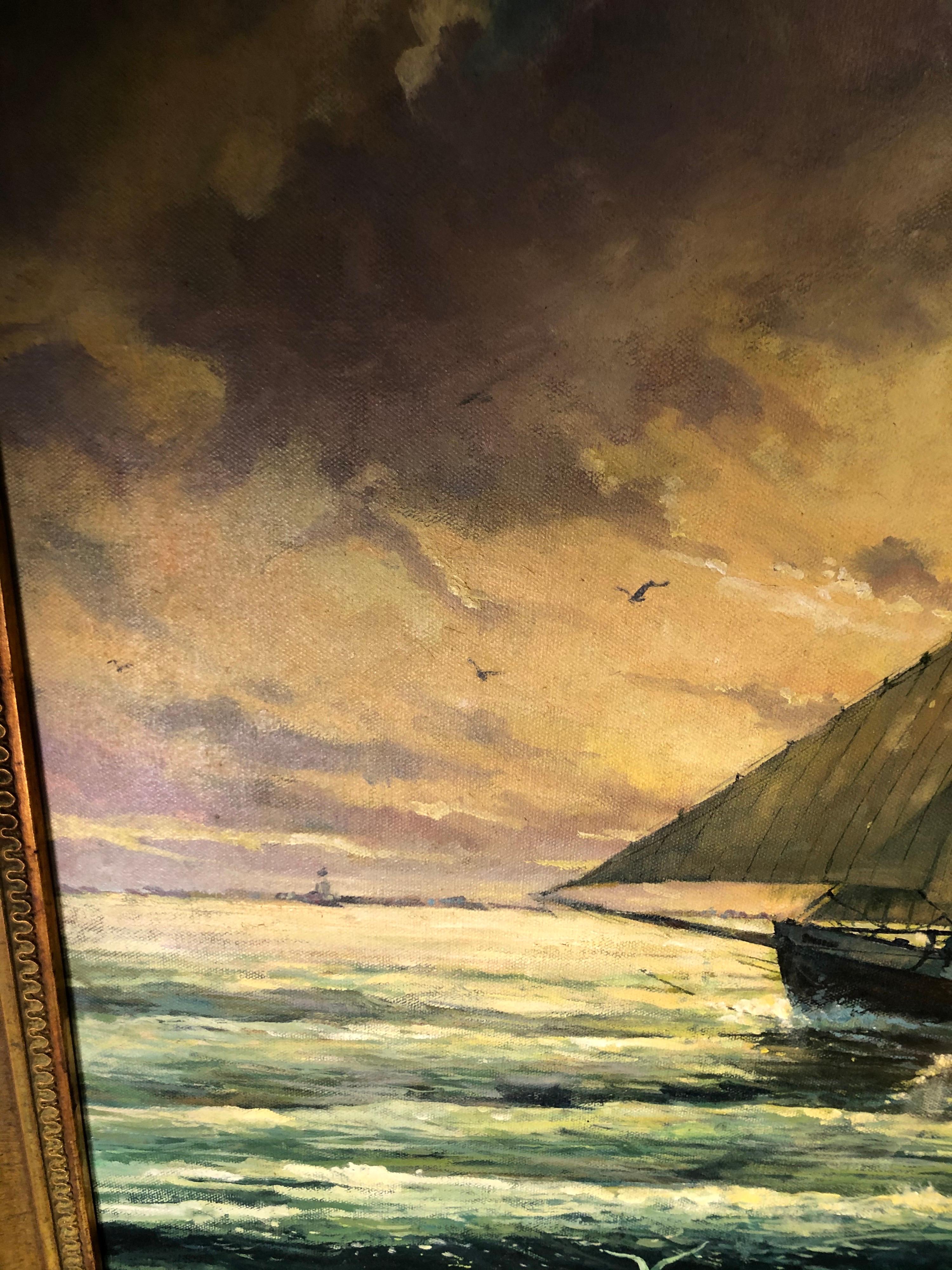 Victor Olsen Sunset Scene of Sailboats Oil on Canvas For Sale 13