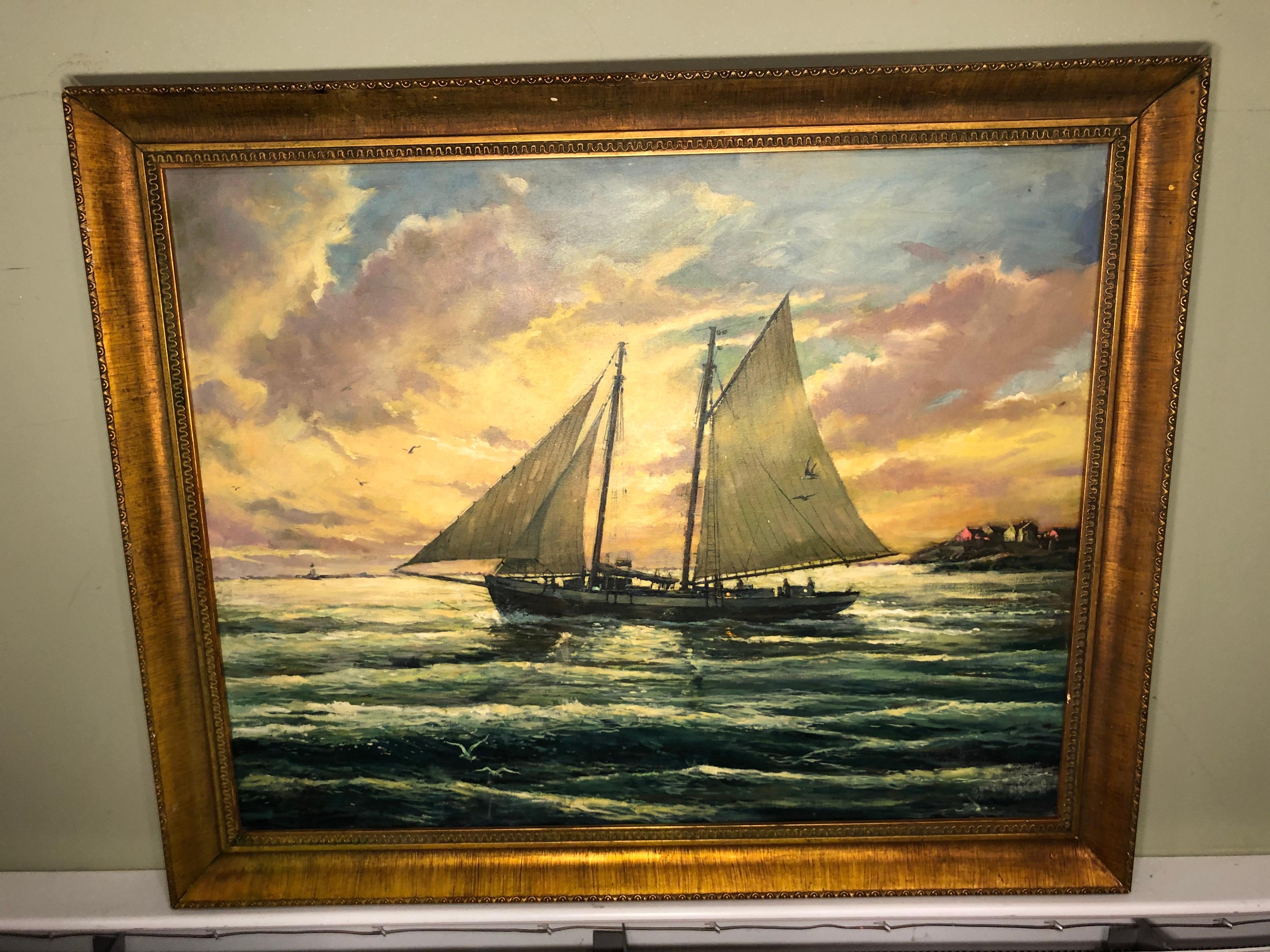Victor Olsen sunset scene of sailboats oil on canvas. Classic nautical scene. Nicely framed.
Victor Olson (1925-2007). Unsigned on front but from his Redding CT family estate.

Mr. Olson attended the Art Career School of New York. He was a