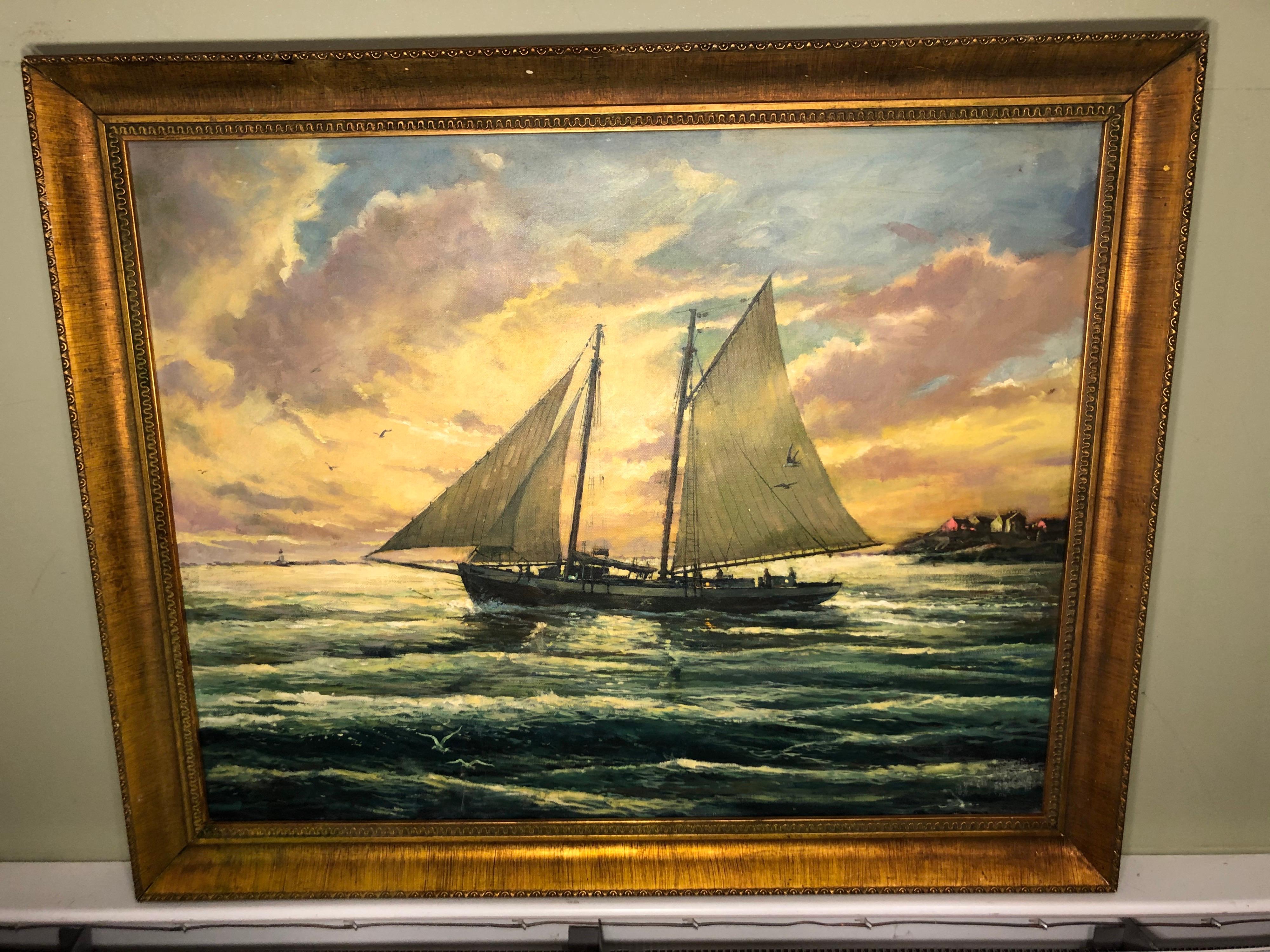 Victor Olsen Sunset Scene of Sailboats Oil on Canvas In Good Condition For Sale In Redding, CT