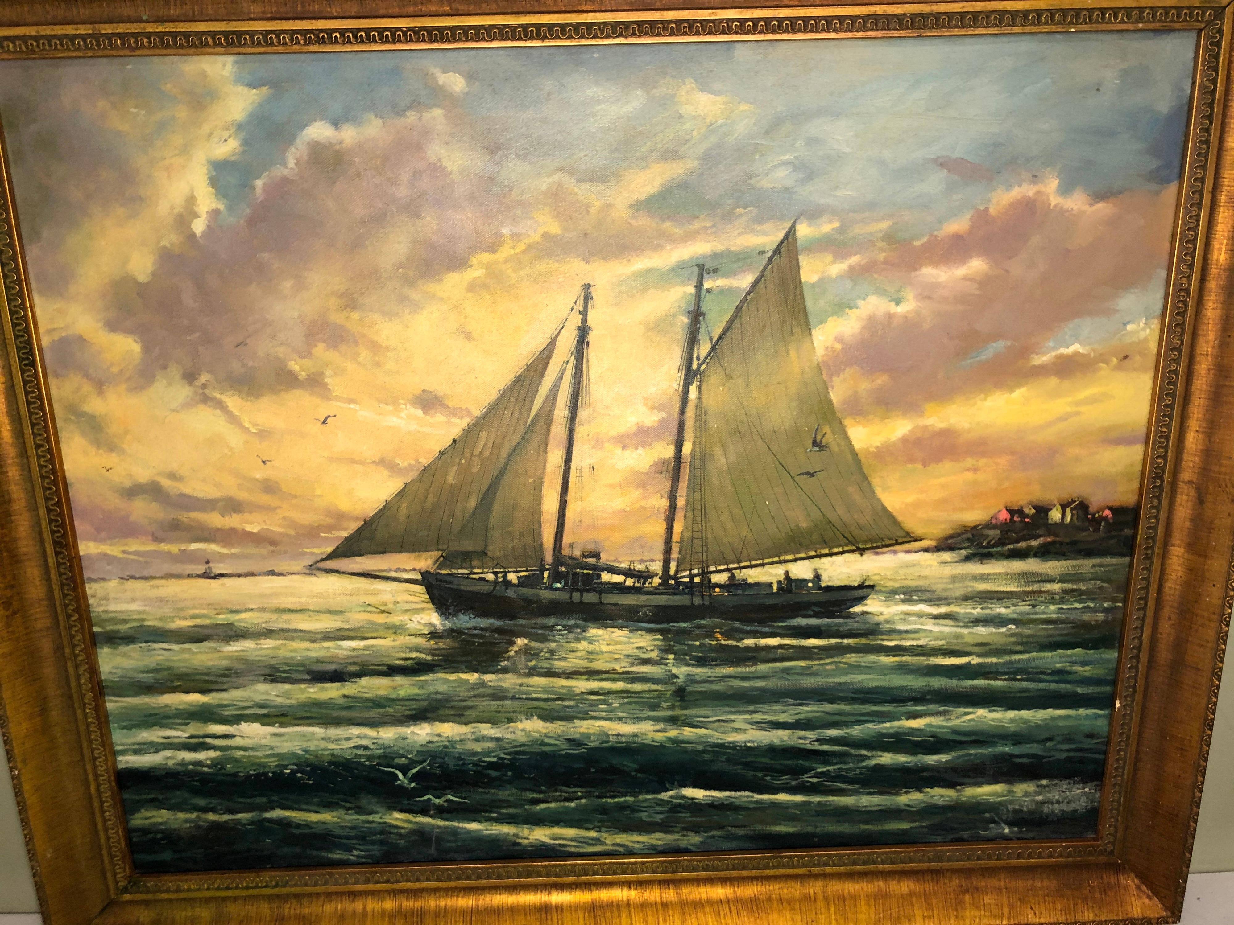 20th Century Victor Olsen Sunset Scene of Sailboats Oil on Canvas For Sale