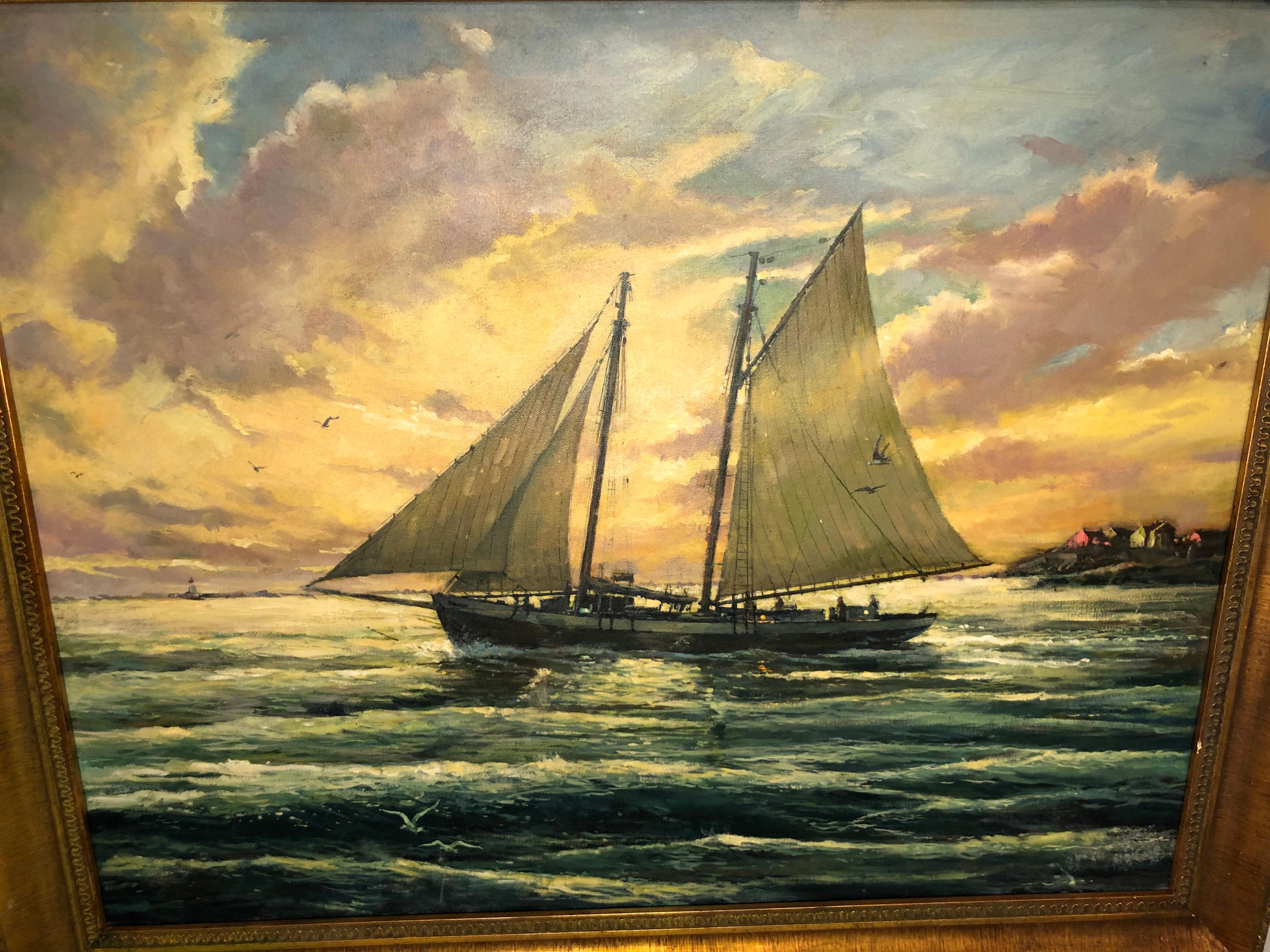 Victor Olsen Sunset Scene of Sailboats Oil on Canvas For Sale 1
