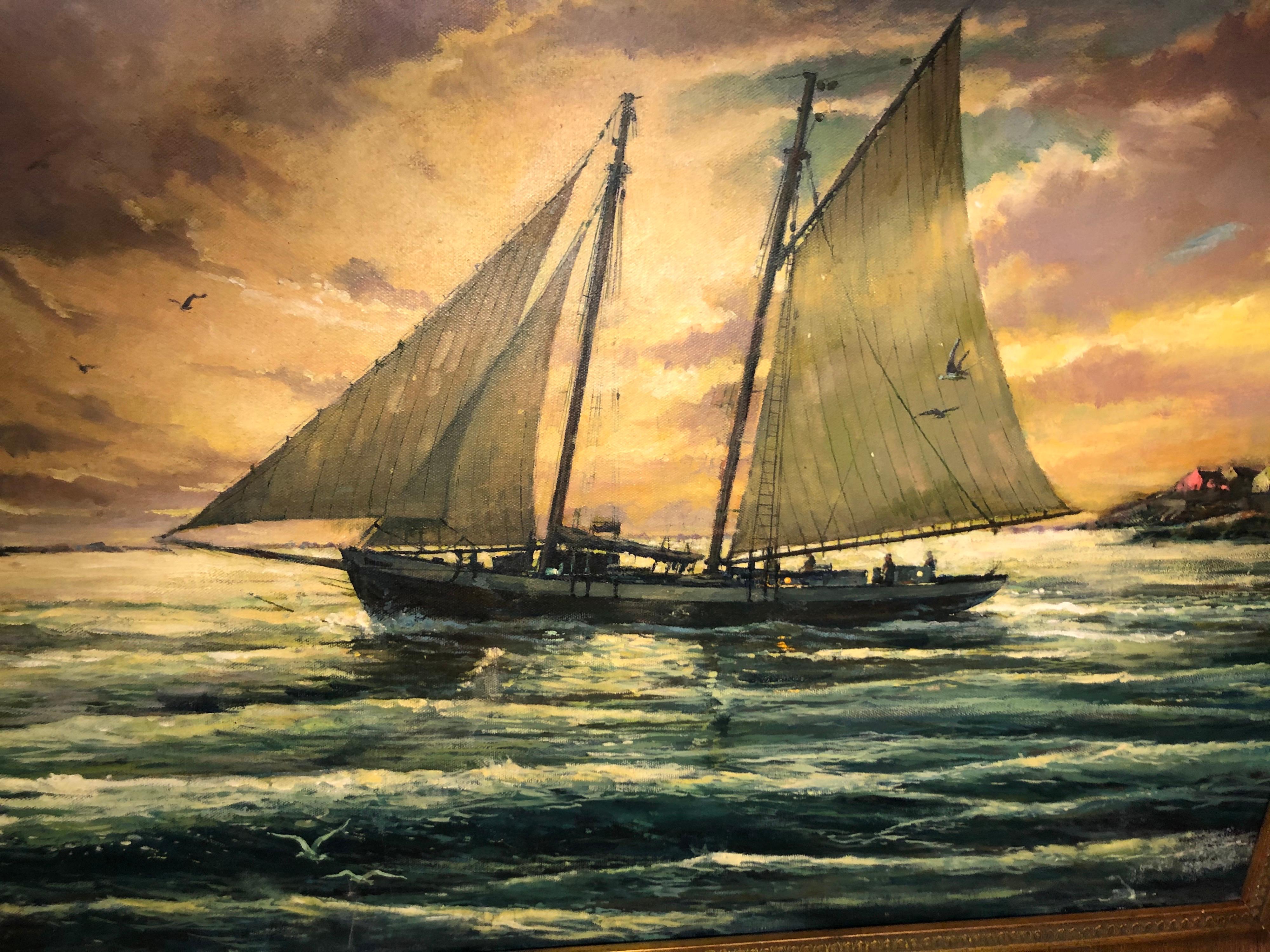 Victor Olsen Sunset Scene of Sailboats Oil on Canvas For Sale 2