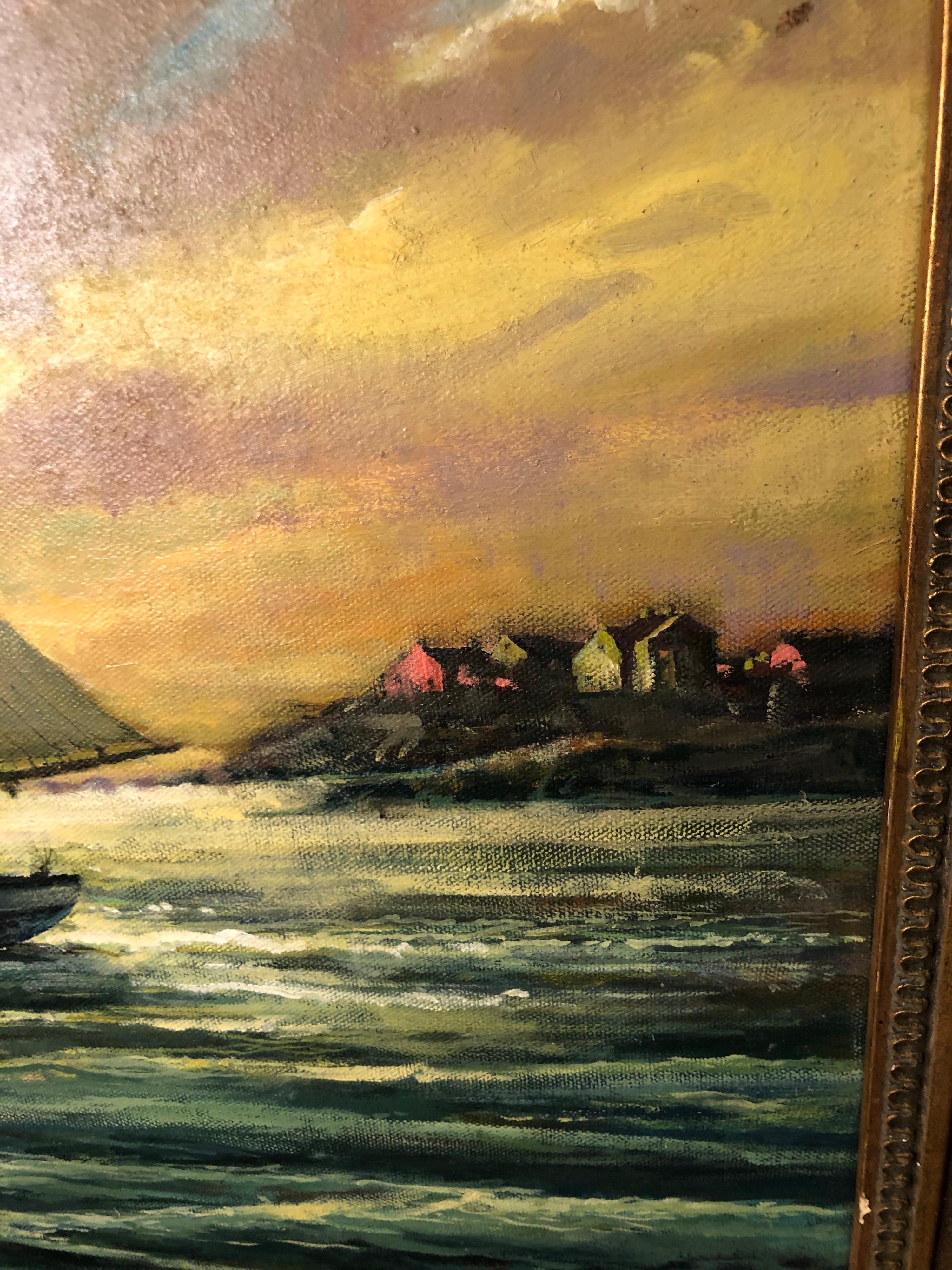Victor Olsen Sunset Scene of Sailboats Oil on Canvas For Sale 3