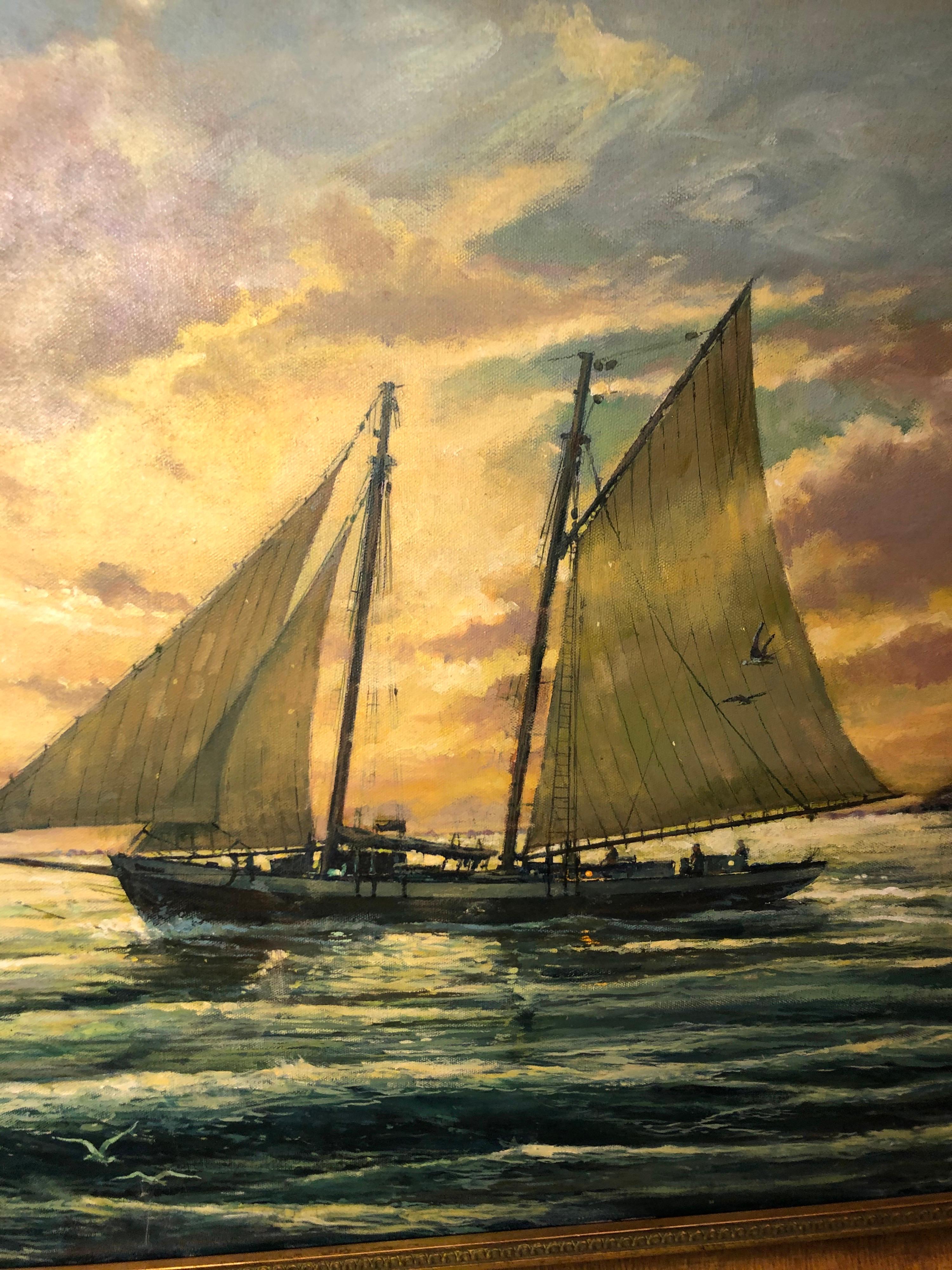 Victor Olson Sunset Scene of Sailboats Oil on Canvas For Sale 4