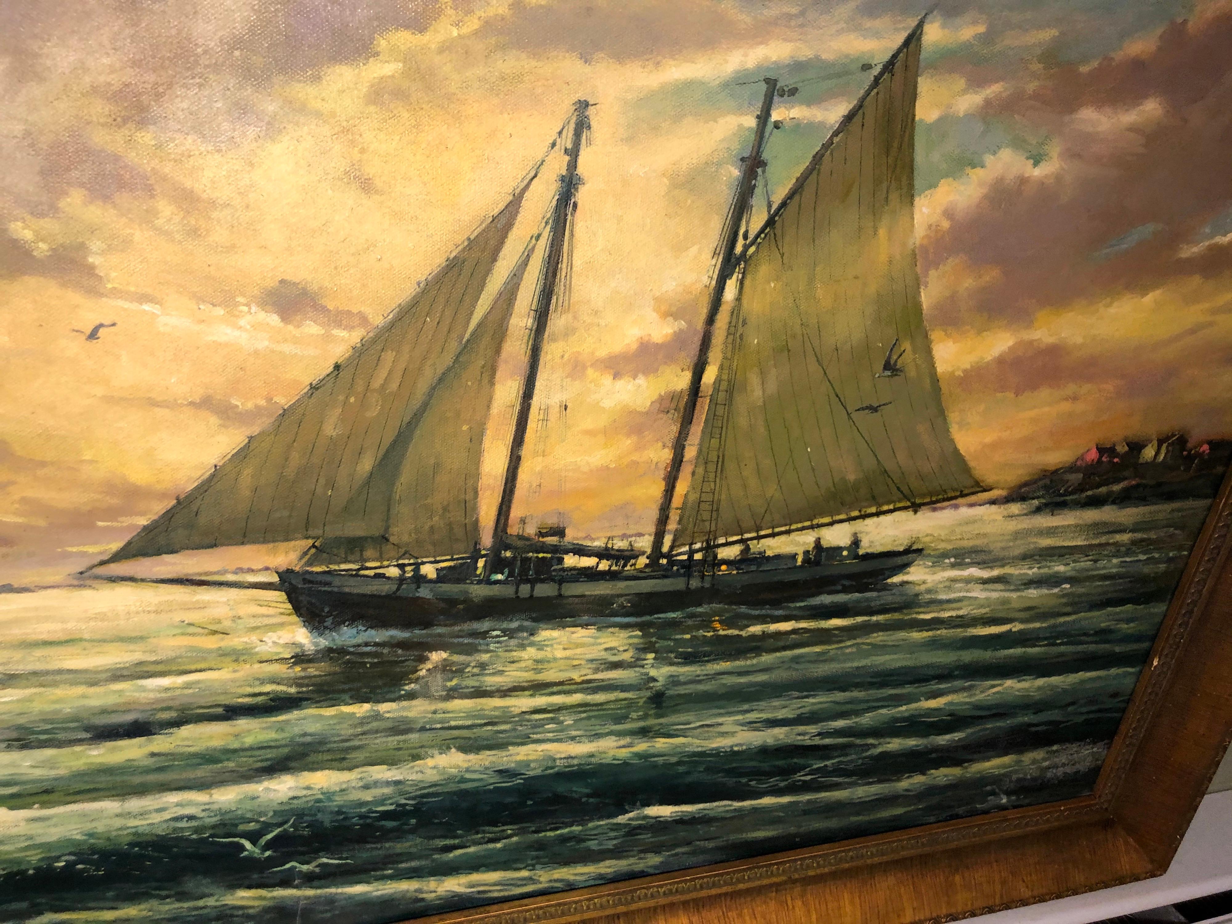 Victor Olsen Sunset Scene of Sailboats Oil on Canvas For Sale 5