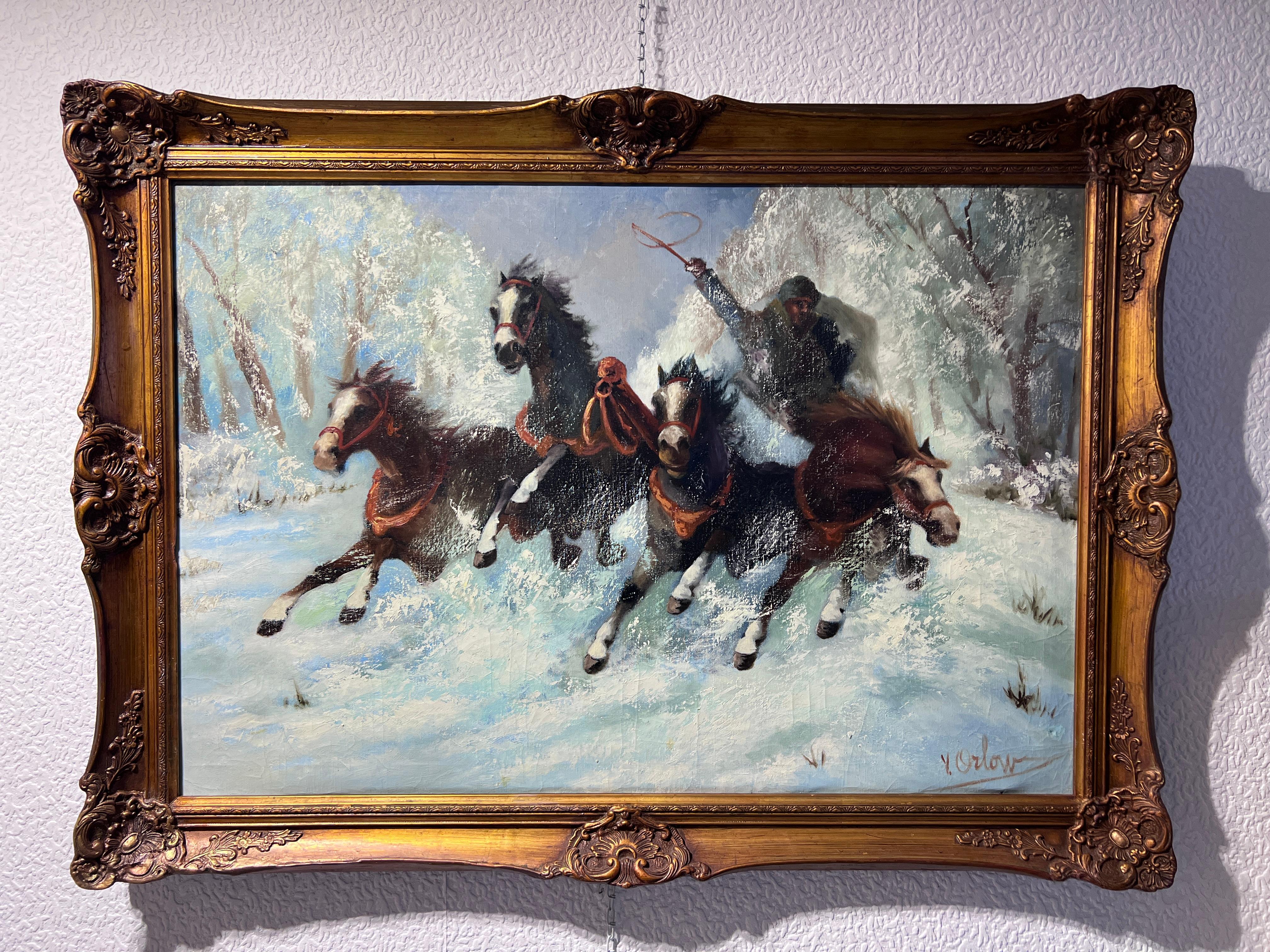 Victor Orlow (1911-?) Großes Vintage-Ölgemälde auf Leinwand, Pferde, gerahmt im Angebot 1