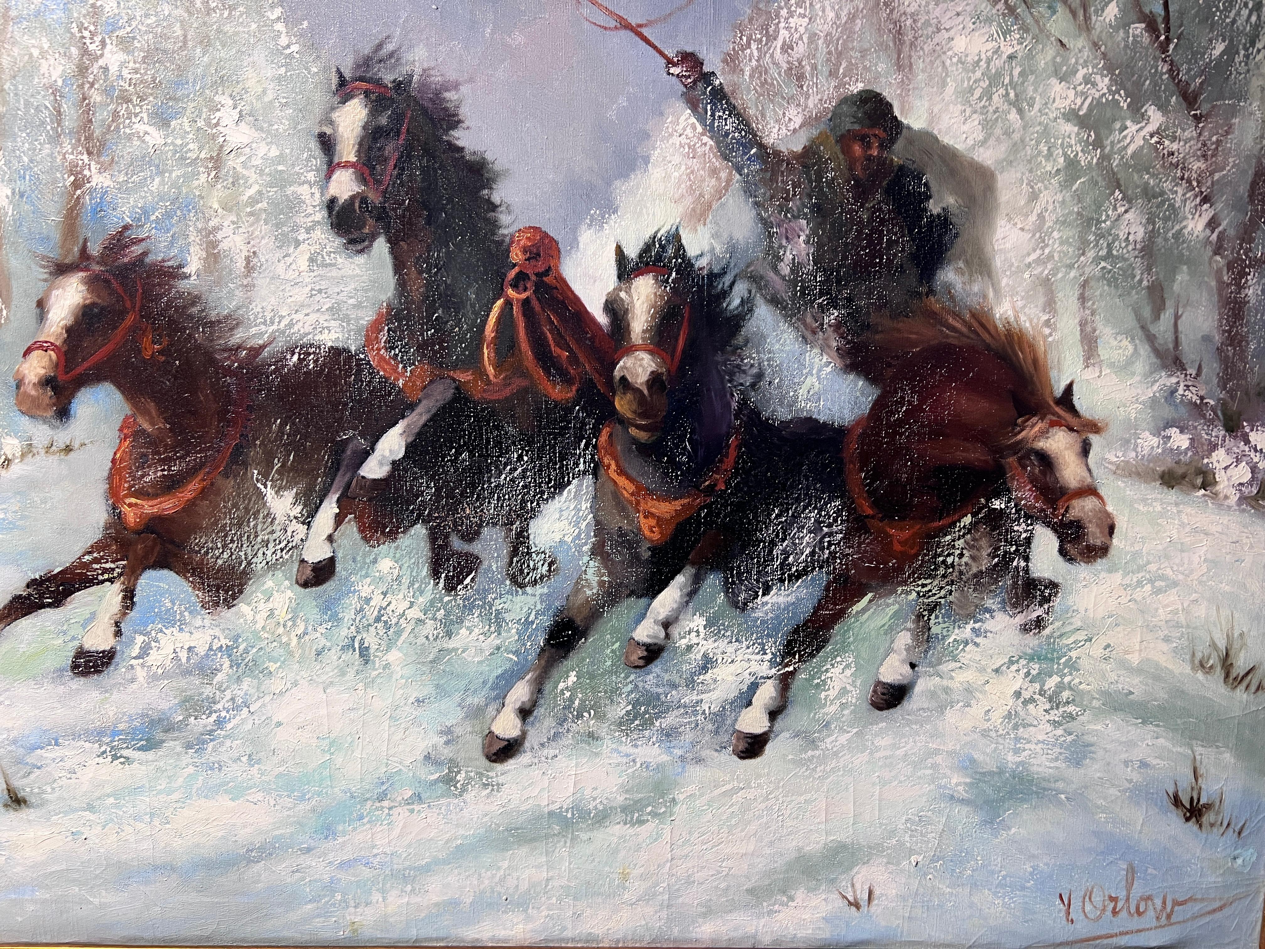 Victor Orlow (1911-?) Vintage Large Oil Painting on canvas, Horses, Framed For Sale 2