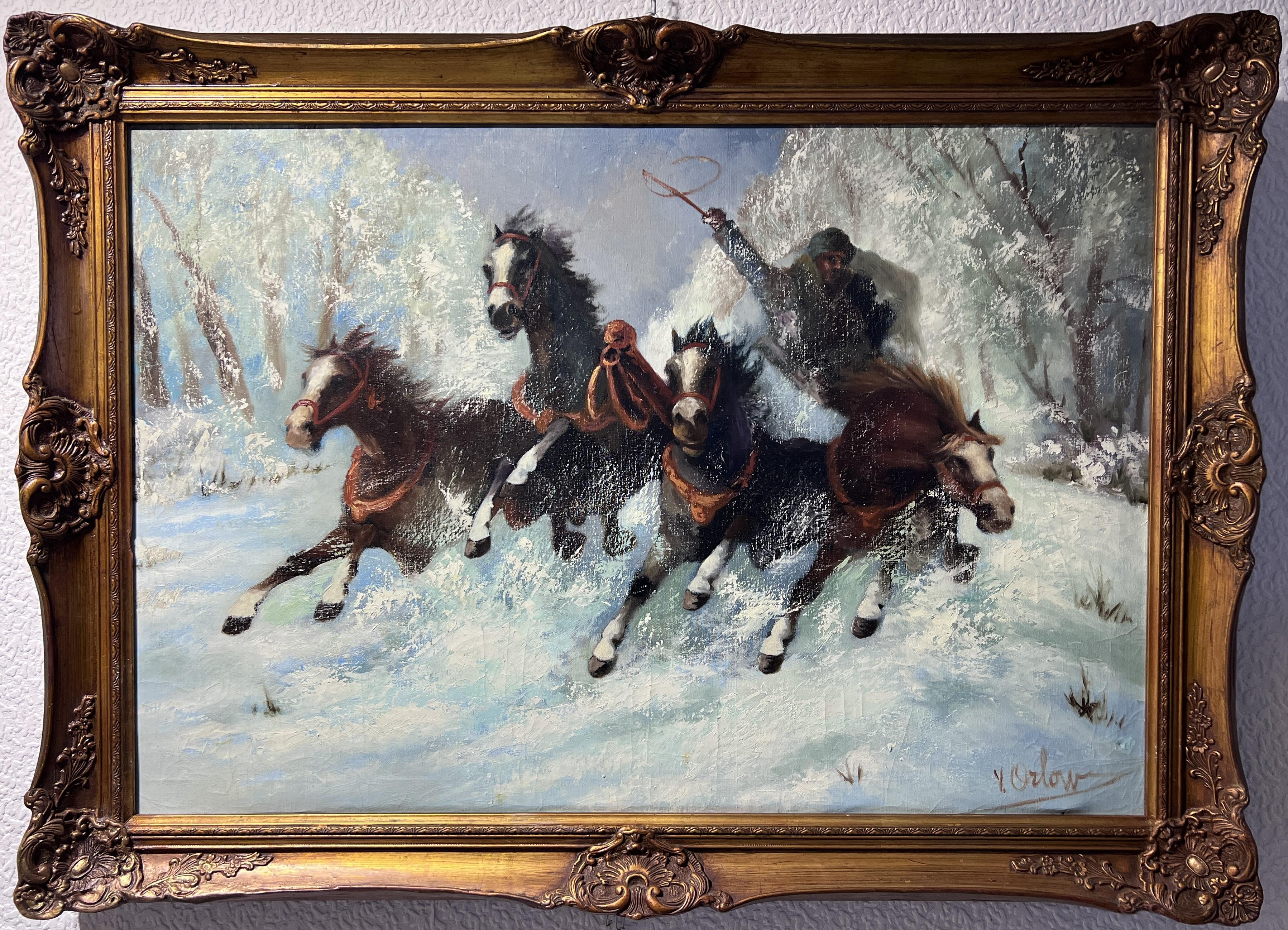 Up for sale is an impressive vintage oil painting on canvas depicting a scene with a coachman racing four horses in a harness in a winter landscape.

Signed in the lower-right corner V.Orlow. He was born in 1911 and was a Russian artist, known for
