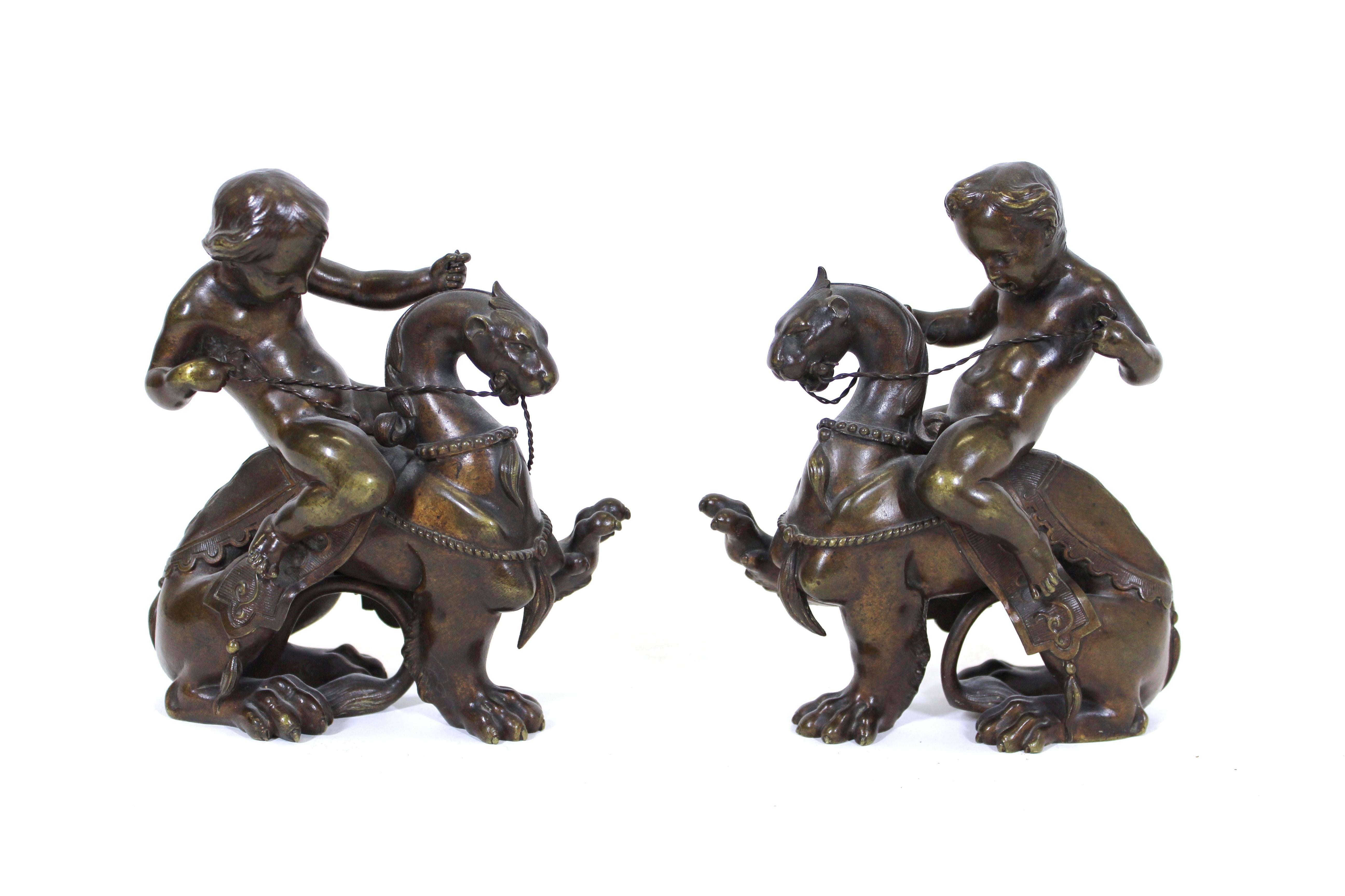 Victor Paillard French Renaissance Revival bronze pair of putti riding chimeras, circa 1860. Stamped on the bottom with makers mark (Crown over V P initials).
Paillard was one of the most important French bronze founders of the mid-19th century.