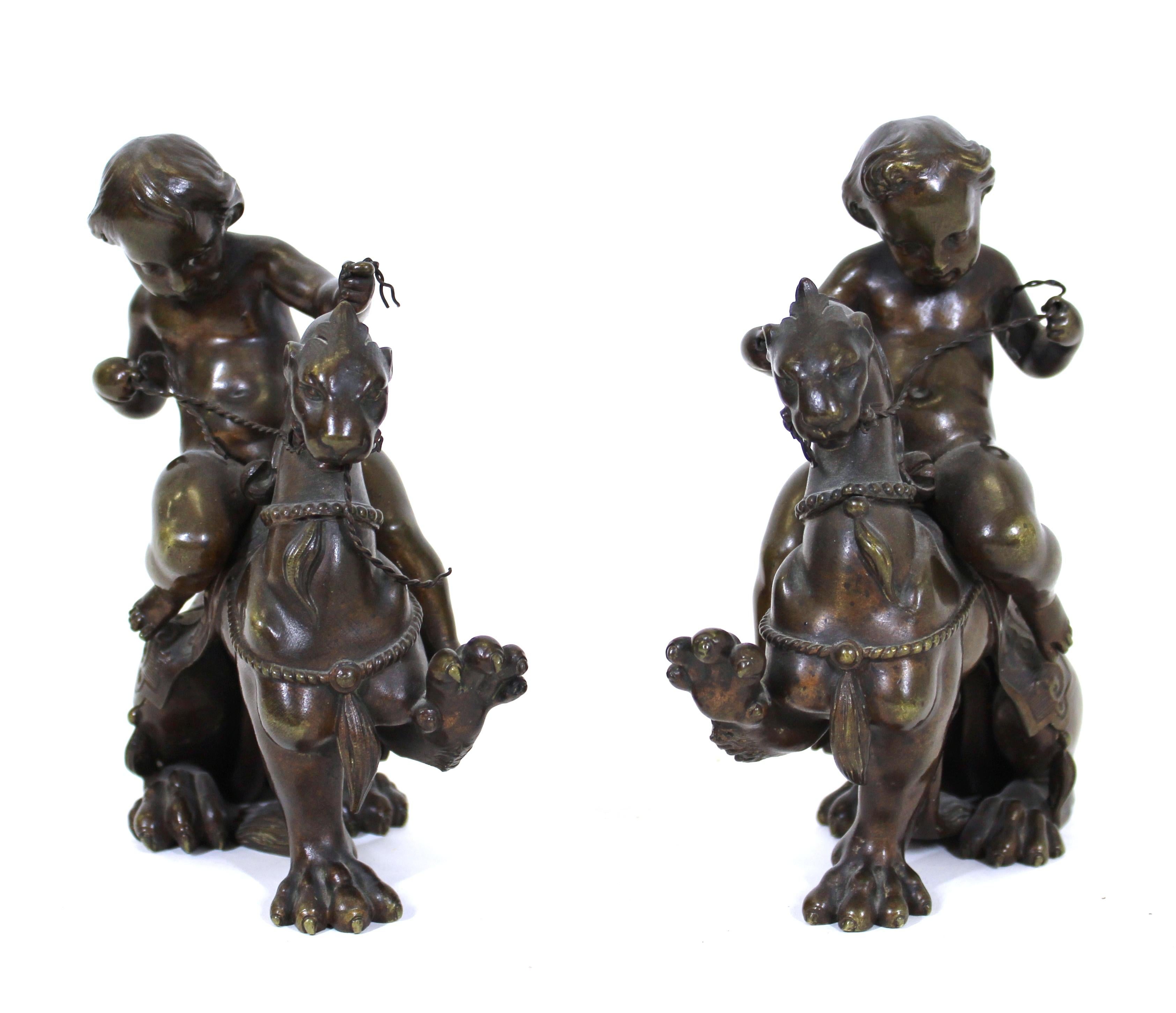 Neoclassical Revival Victor Paillard French Bronze Putti Riding Chimera