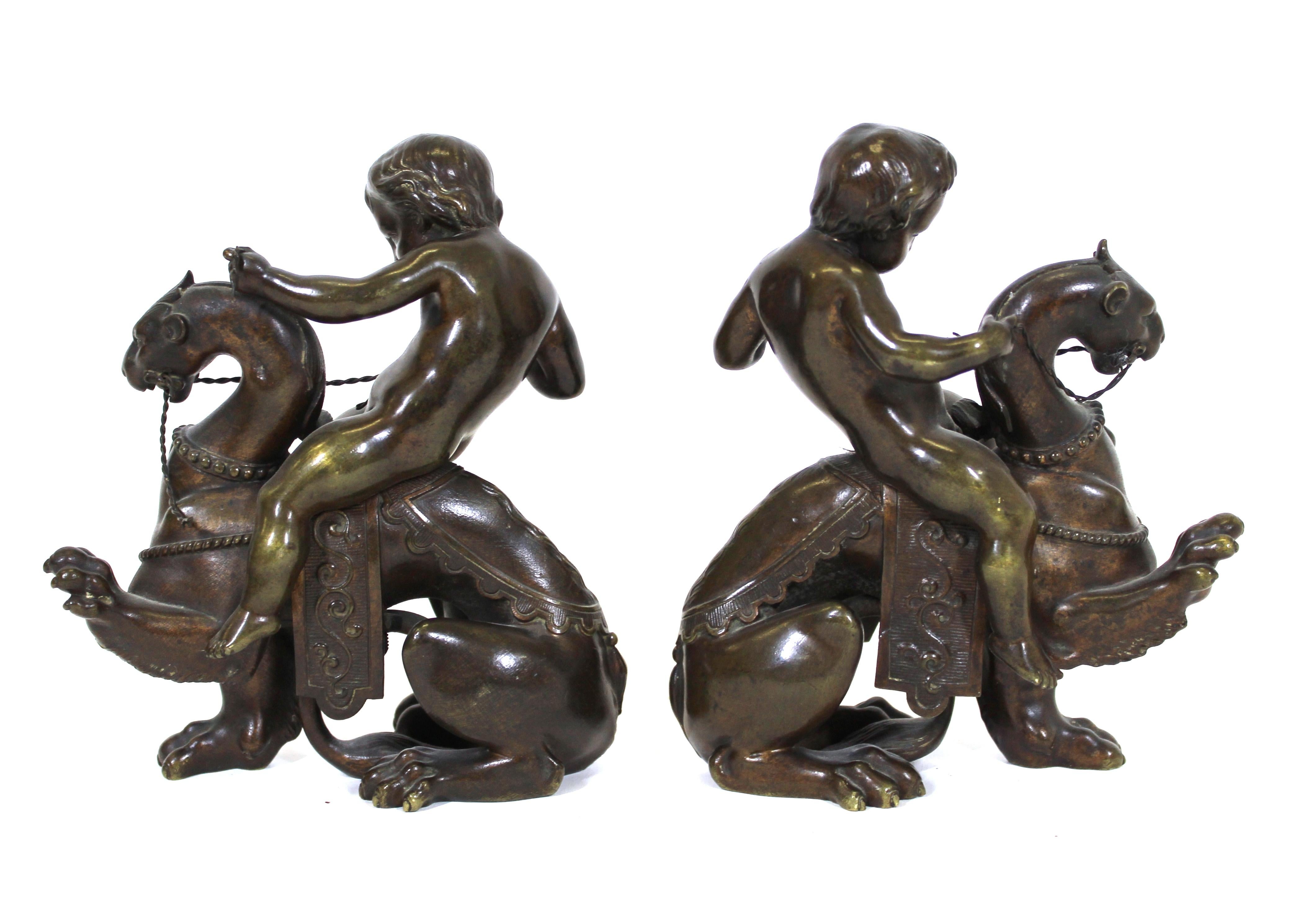 Mid-19th Century Victor Paillard French Bronze Putti Riding Chimera