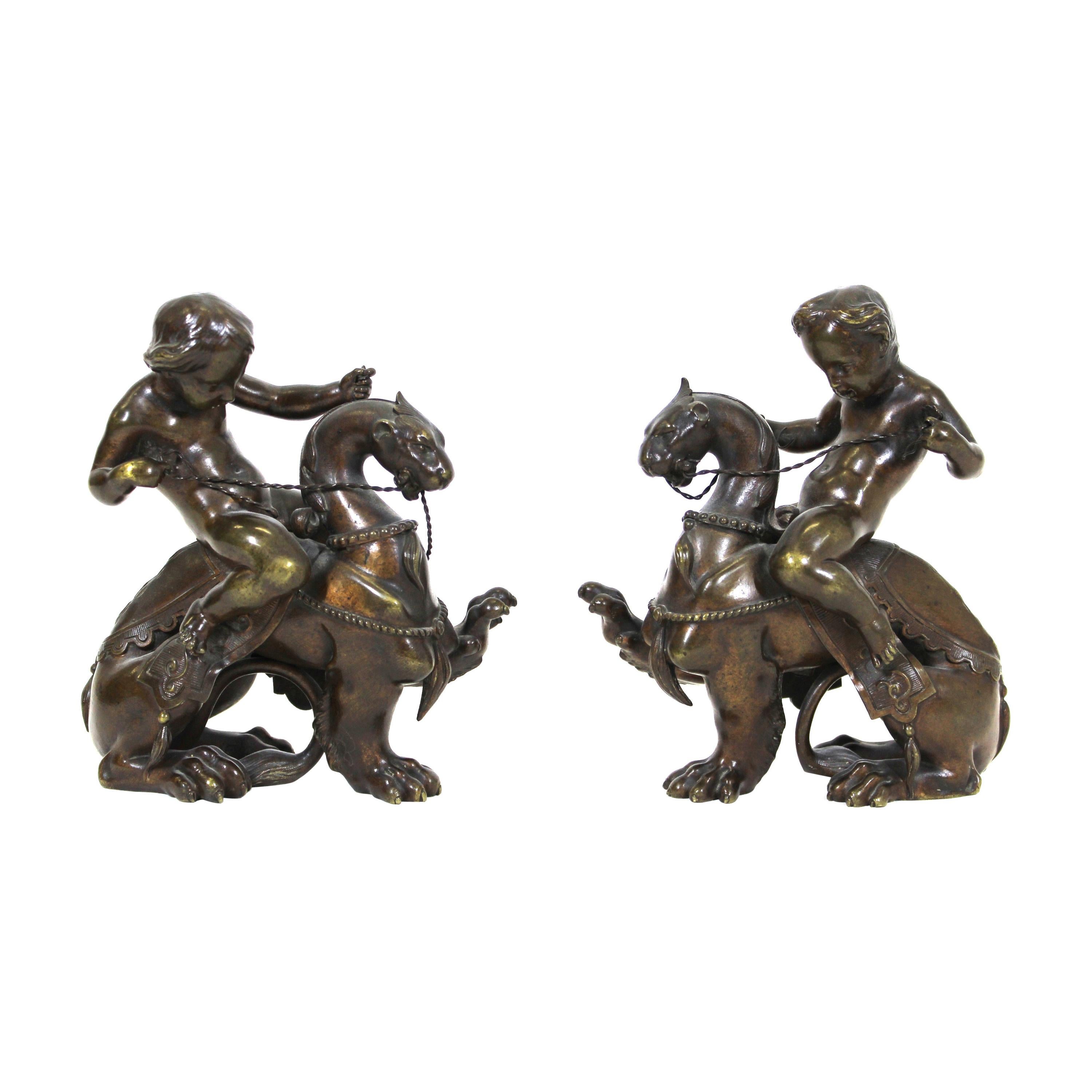 Victor Paillard French Bronze Putti Riding Chimera