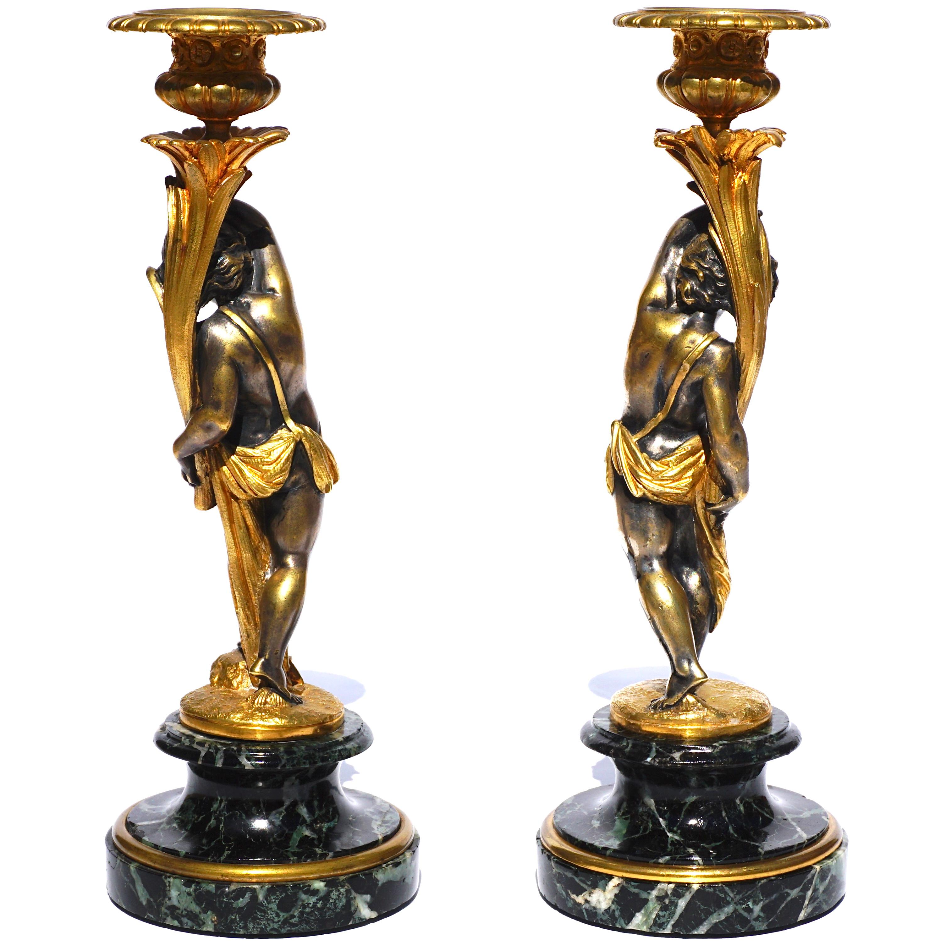 Beaux Arts Victor Paillard Silvered and Gilt Bronze Candlesticks