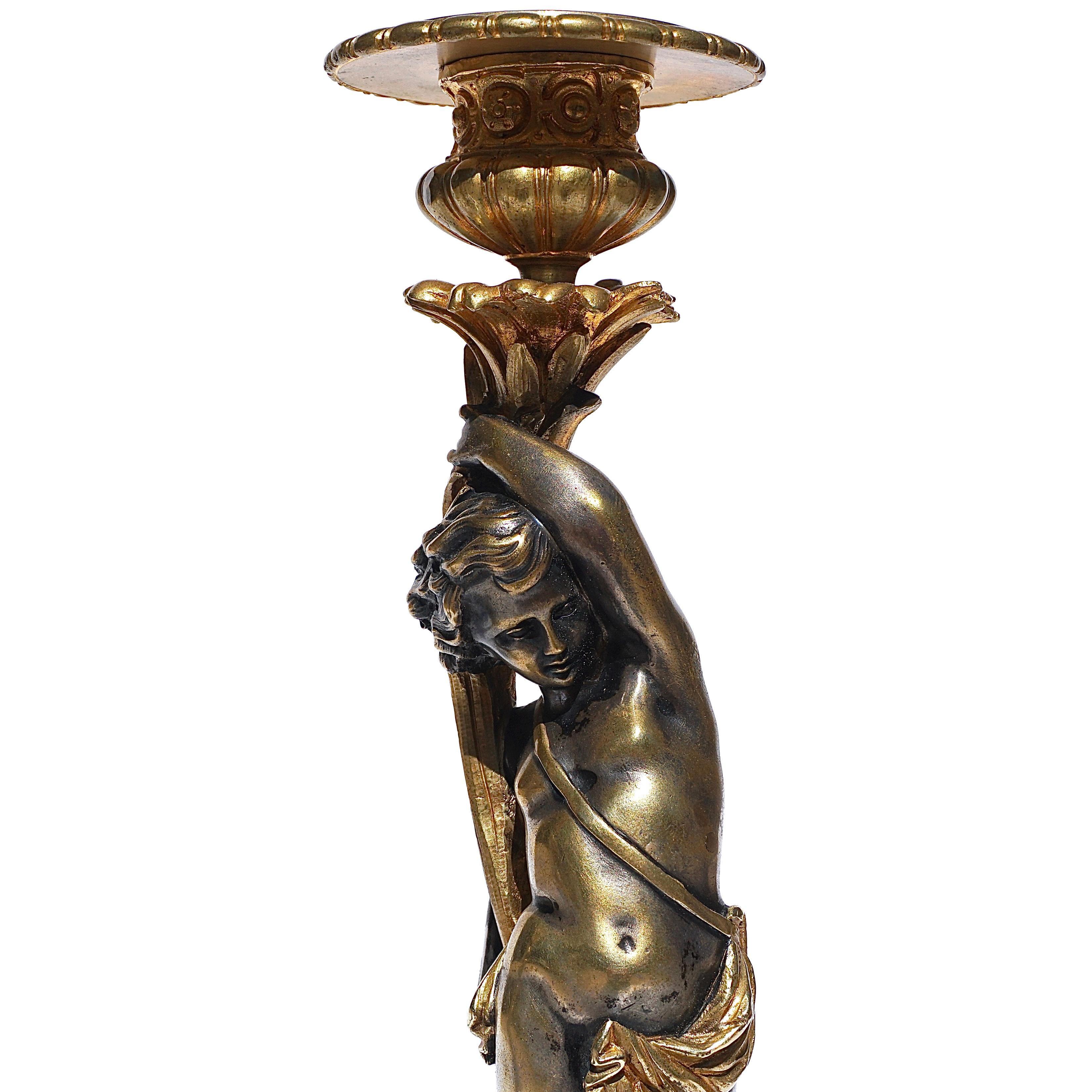 French Victor Paillard Silvered and Gilt Bronze Candlesticks