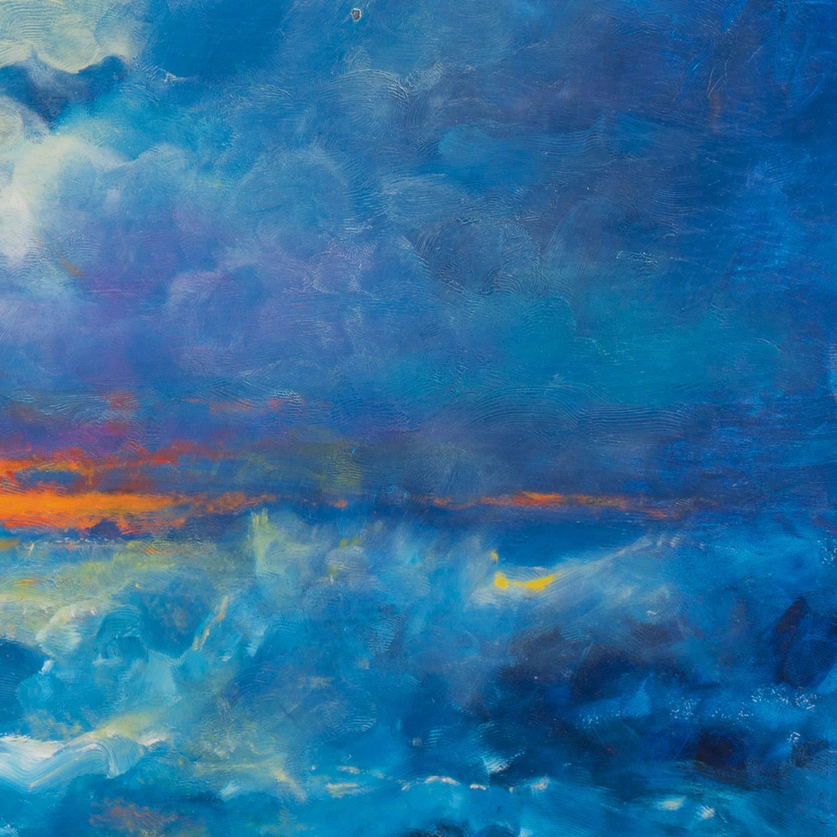 Firmado abajo a la derecha y fechado en el verso.

Un dramático paisaje marino al óleo de estilo impresionista que muestra una puesta de sol en la costa de San Francisco. En pinturas llenas de luz y movimiento, y combinando una pincelada de bravura