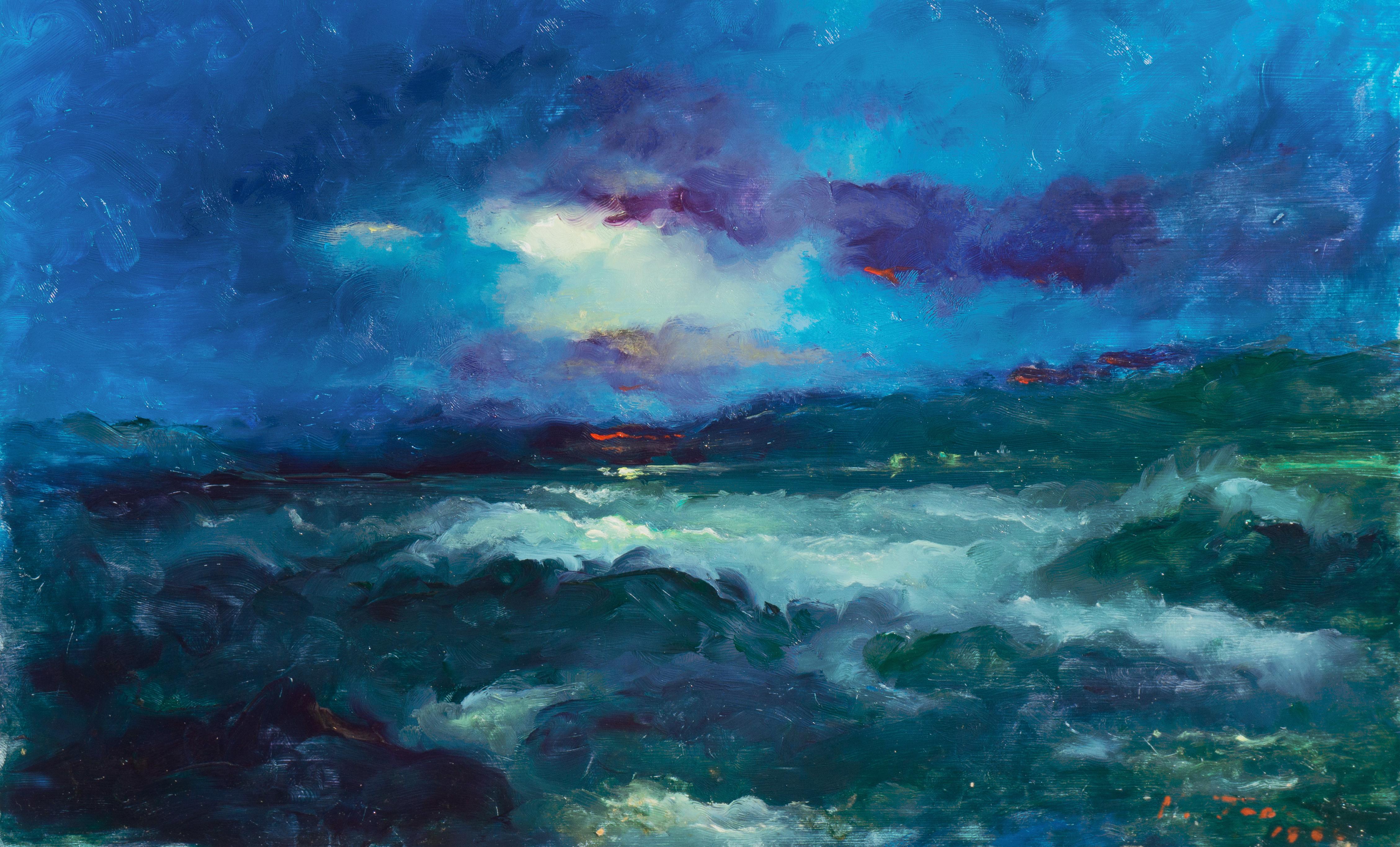 Landscape Painting de Victor Papkov - Puesta de sol en la bahía de San Francisco", paisaje marino impresionista