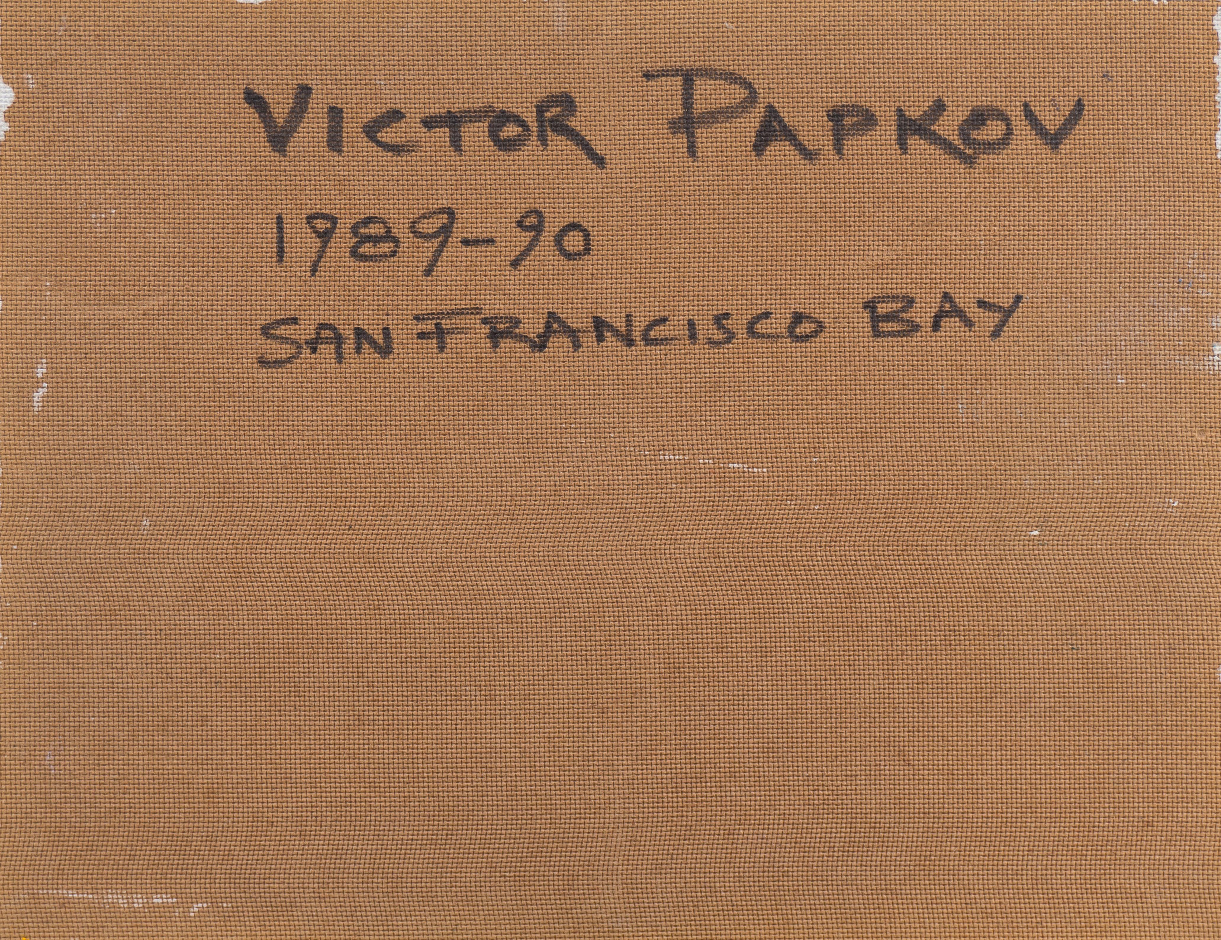 Signed lower right, 'V. Papkov' for Victor Papkov (Russian-American, 20th century); inscribed verso with artist name, dated 1989-1990 and titled, 'San Francisco Bay'. 

A dramatic Impressionist oil seascape showing late sunset off the San Francisco