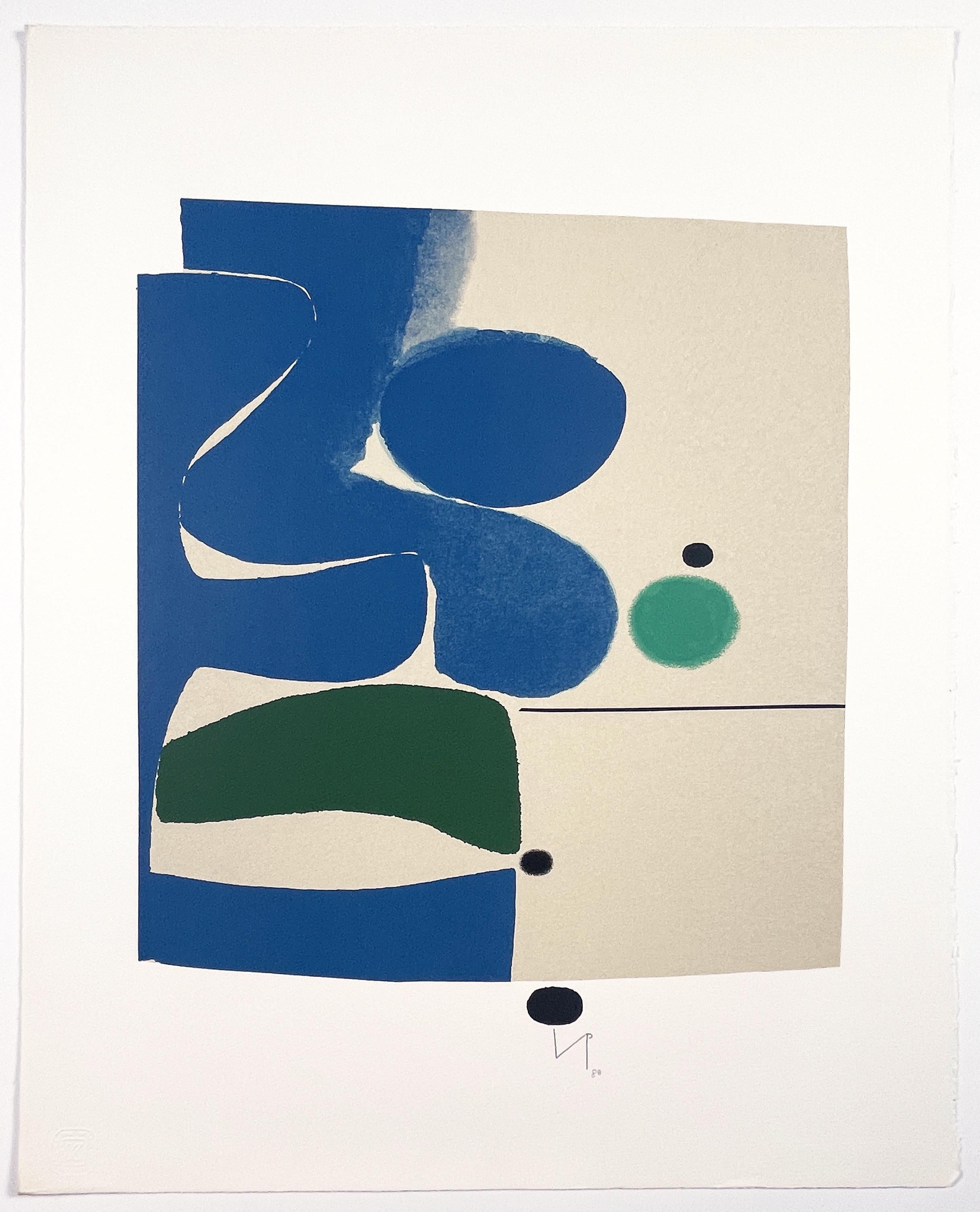 A tranquil, blue, green and tan abstract composition by the iconic British artist Victor Pasmore. Geometric and curvilinear shapes are placed harmoniously with a thin black line and small circles. Signed by the artist with initials in pencil.