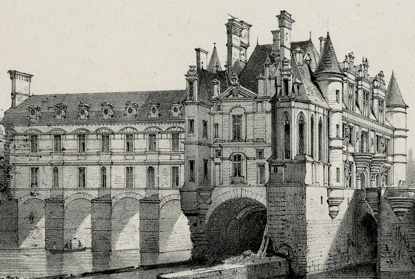 Vue du châteaux de Chenonceaux
Lithograph, 1843
Letterpress signature lower left corner
Signature of the printer lower right corner
After Pierre Justin Ouvrié (1806-1879)
Published by Bertauts, Paris.
This work replicates the Ouvrié painting that