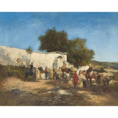 Large Antique Orientalist Oil Painting Arab Caravan Desert Well Victor Huguet