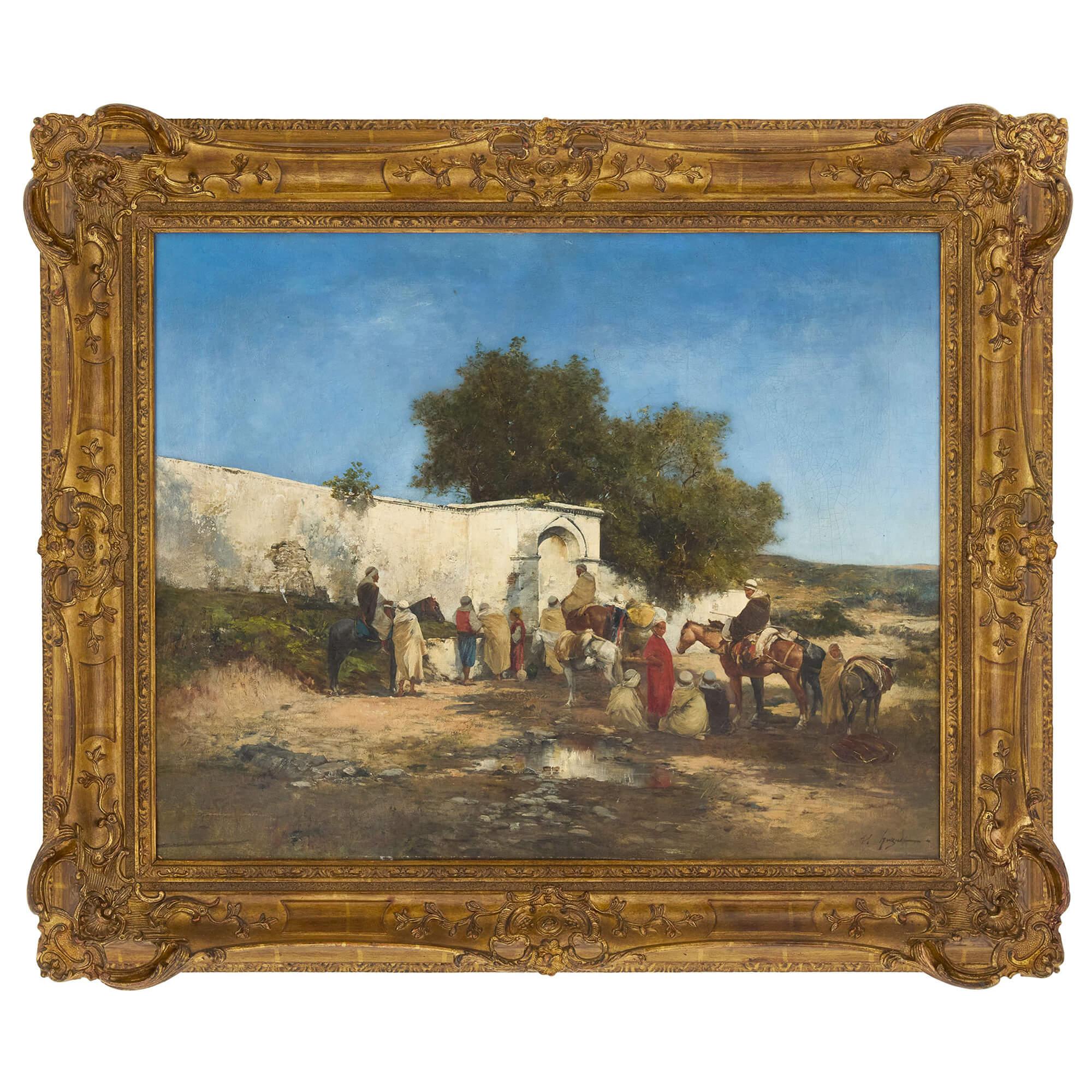 Large Antique Orientalist Oil Painting Arab Caravan Desert Well Victor Huguet