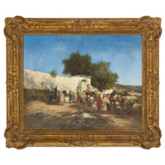 Large Antique Orientalist Oil Painting Arab Caravan Desert Well Victor Huguet