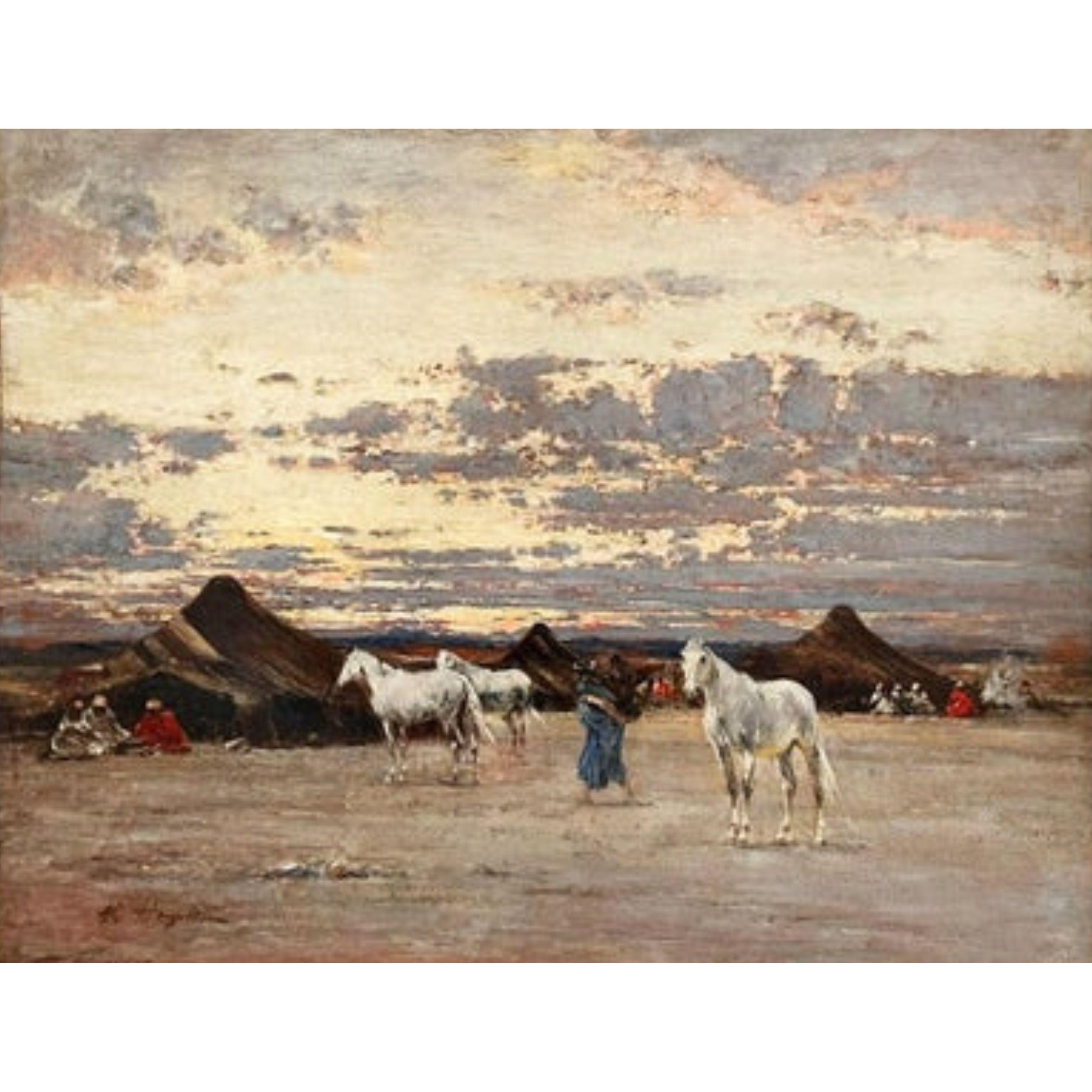 Campo arabo nel deserto, Victor Huguet, orientalista del XIX secolo, Olio su tavola - Animal Painting Beige di Victor Pierre Huguet